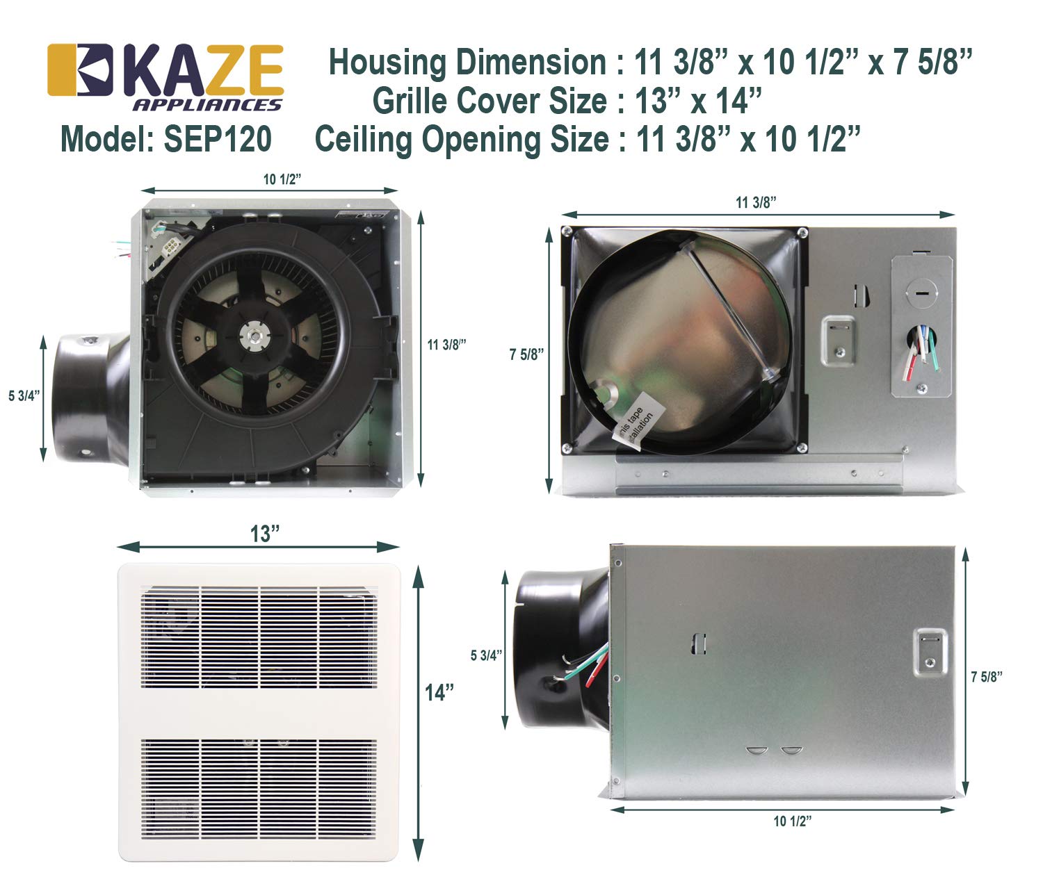 KAZE APPLIANCE SEP120 Bathroom Exhaust Fan | 120 CFM, 0.3 Sone, Ultra Quiet, Energy Star-Certified, White, Metal