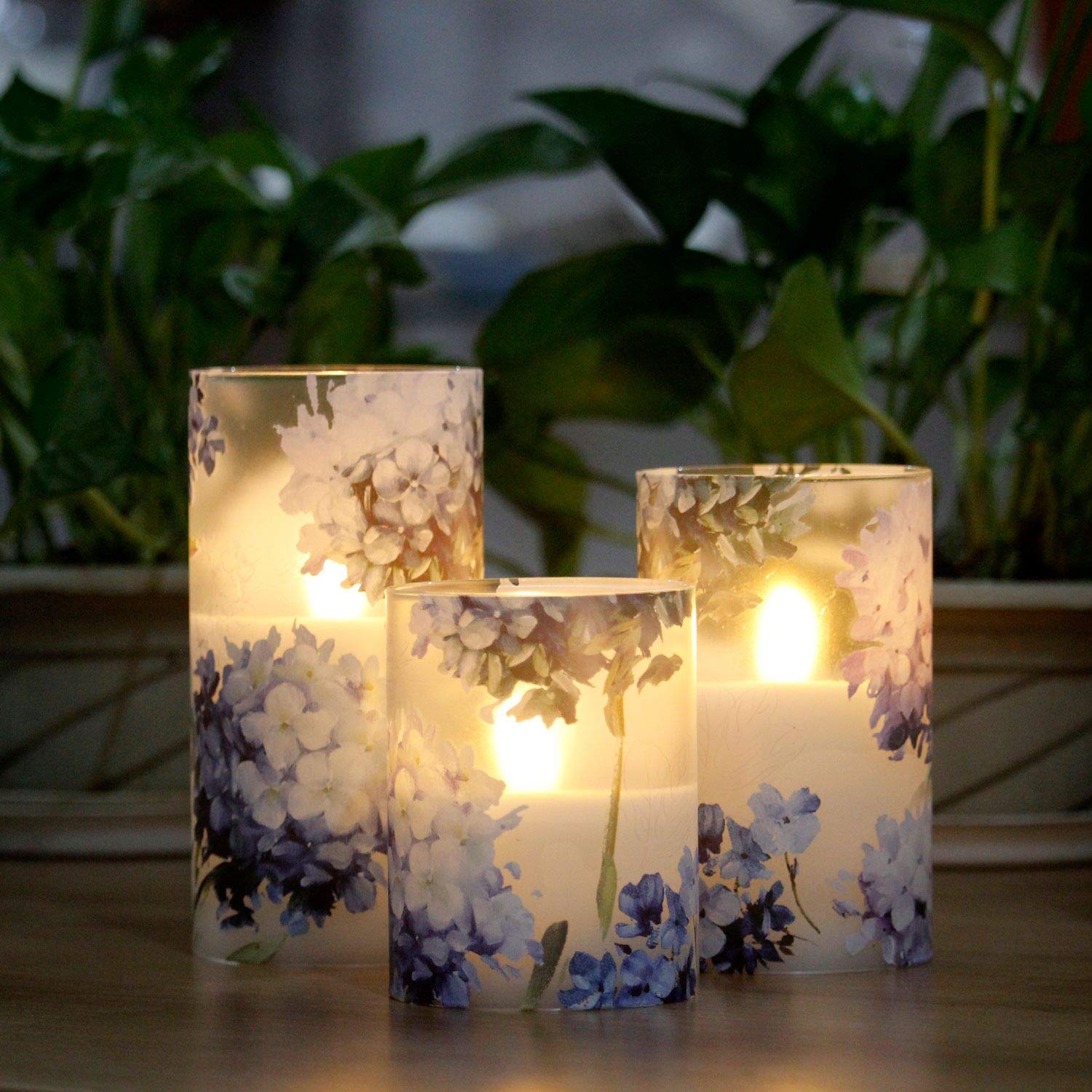 Gorge Moment Blue Violet Hydrangea Flameless Candles Led Flicker With Remote Dim Love Theme Summer Spring Decorative Glass Decor
