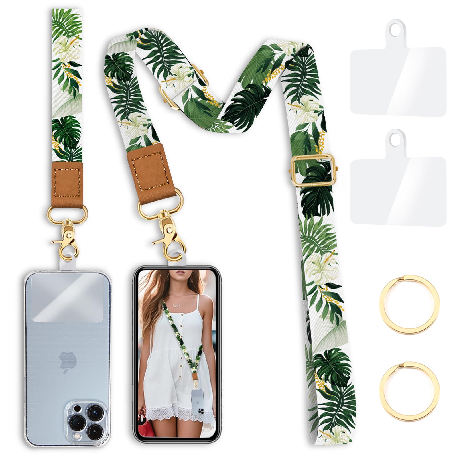 Yonlevres Cell Phone Lanyard Crossbody With Wrist Strap, Green Leaf Phone Lanyards For Around The Neck Wristlet Adjustable Phone