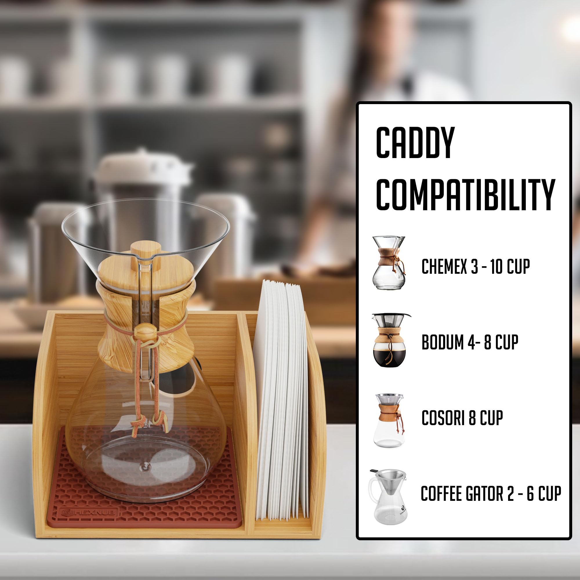 HEXNUB Pour Over Coffee Maker Caddy and Lid, Bamboo Stand, Brown Silicone Mat, Fits Chemex, Bodum, Cosori - CHEMEX STANDS