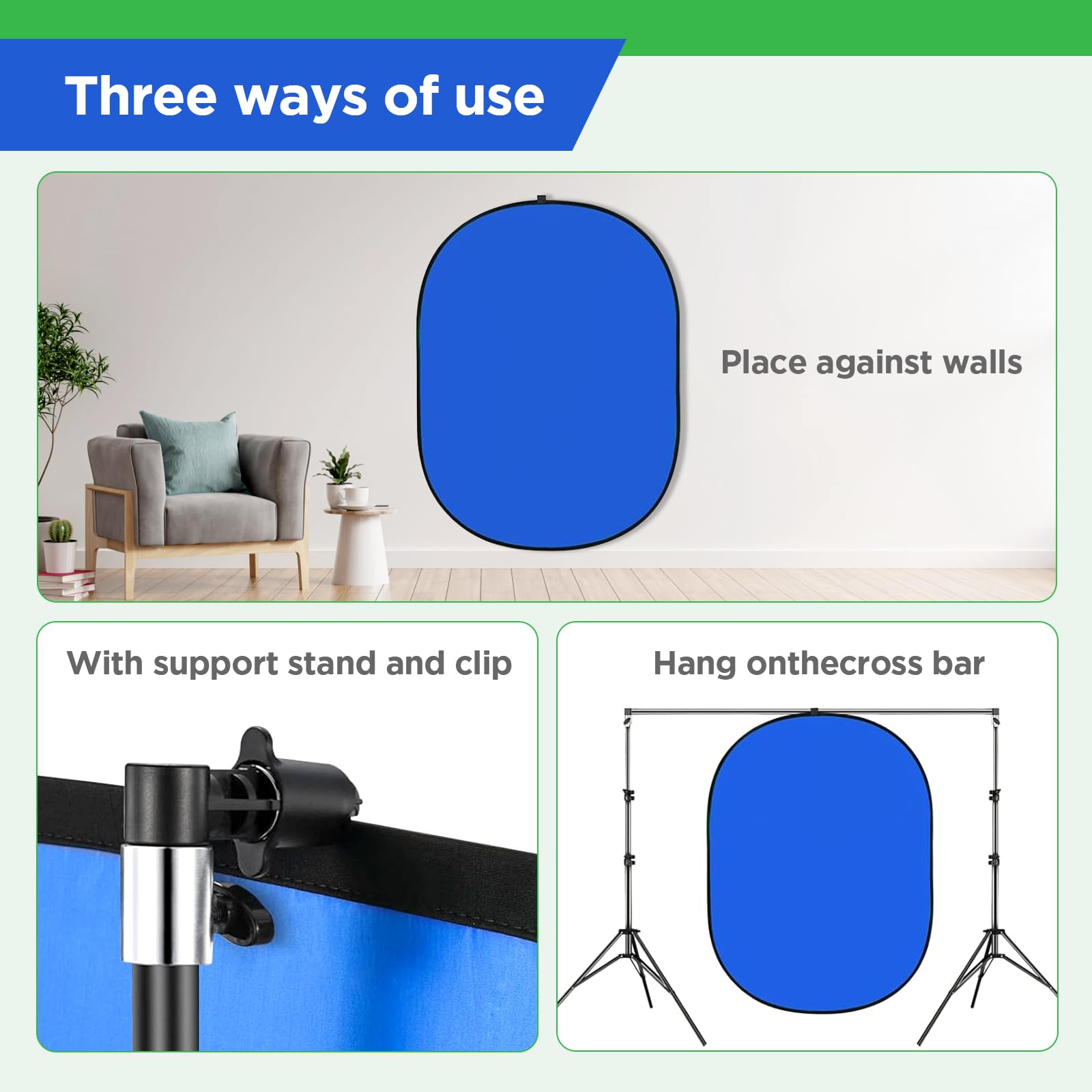 Portable Green Screen Backdrop With Stand,Foldable 5X7Ft Chromakey Blue&Green Screen 2 In 1 Pop Up Collapsible Backdrop For Phot