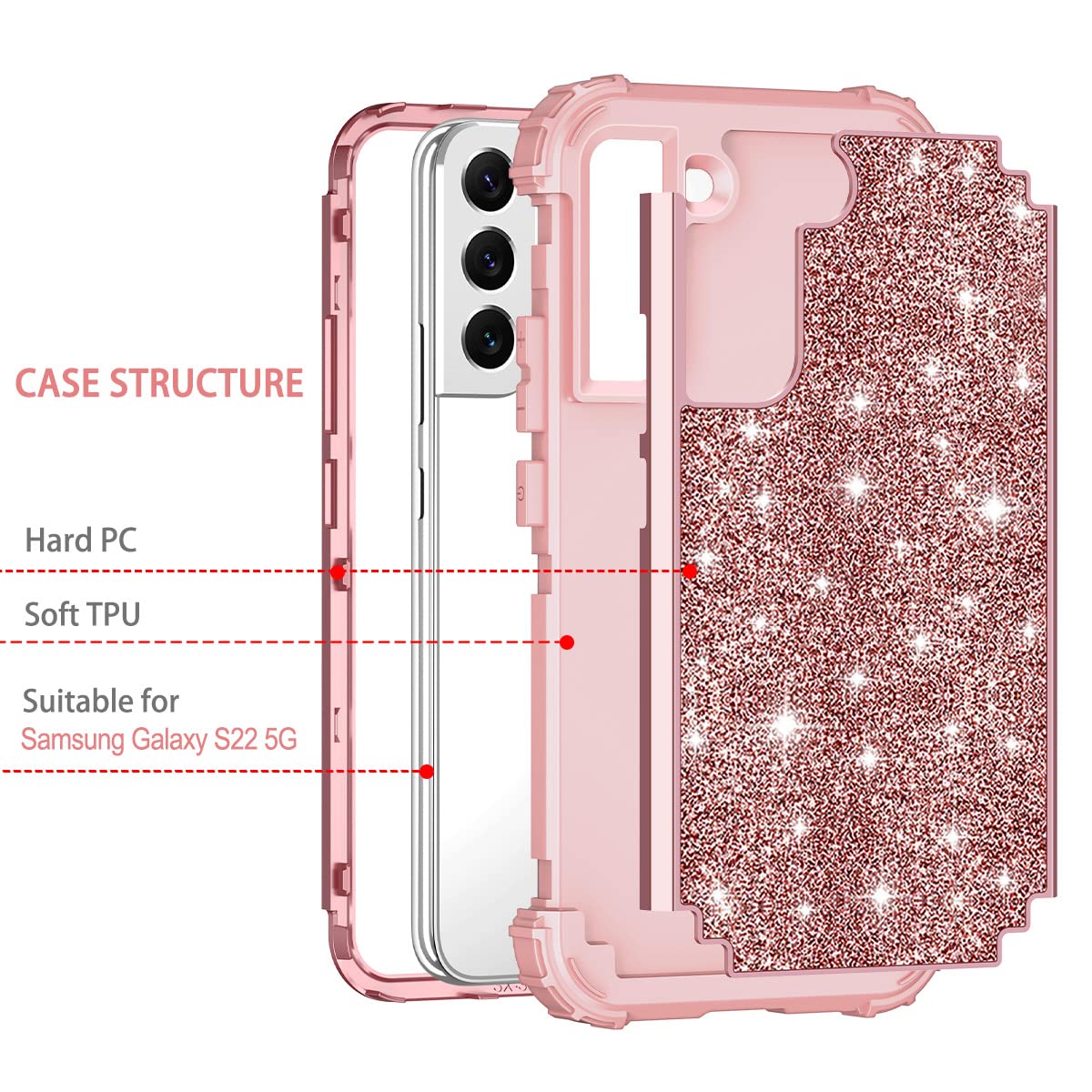 LONTECT Galaxy S22 5G Case Glitter Sparkly Shockproof Hybrid Silicone PC Shiny Rose Gold