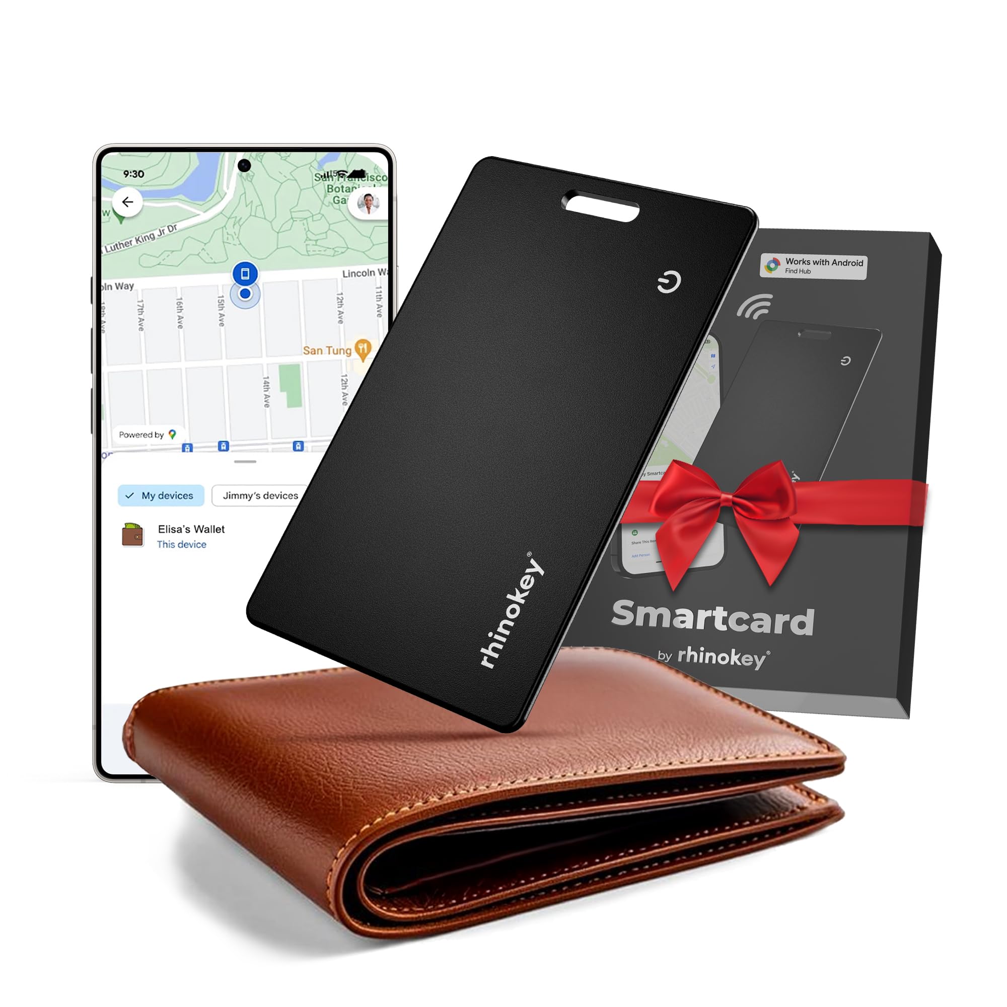 Rhinokey Wallet Tracker Card,(Android Only) 0.07in Slim Rechargeable Airtag Card Tracker Works with Googles Find Hub IP68 Water
