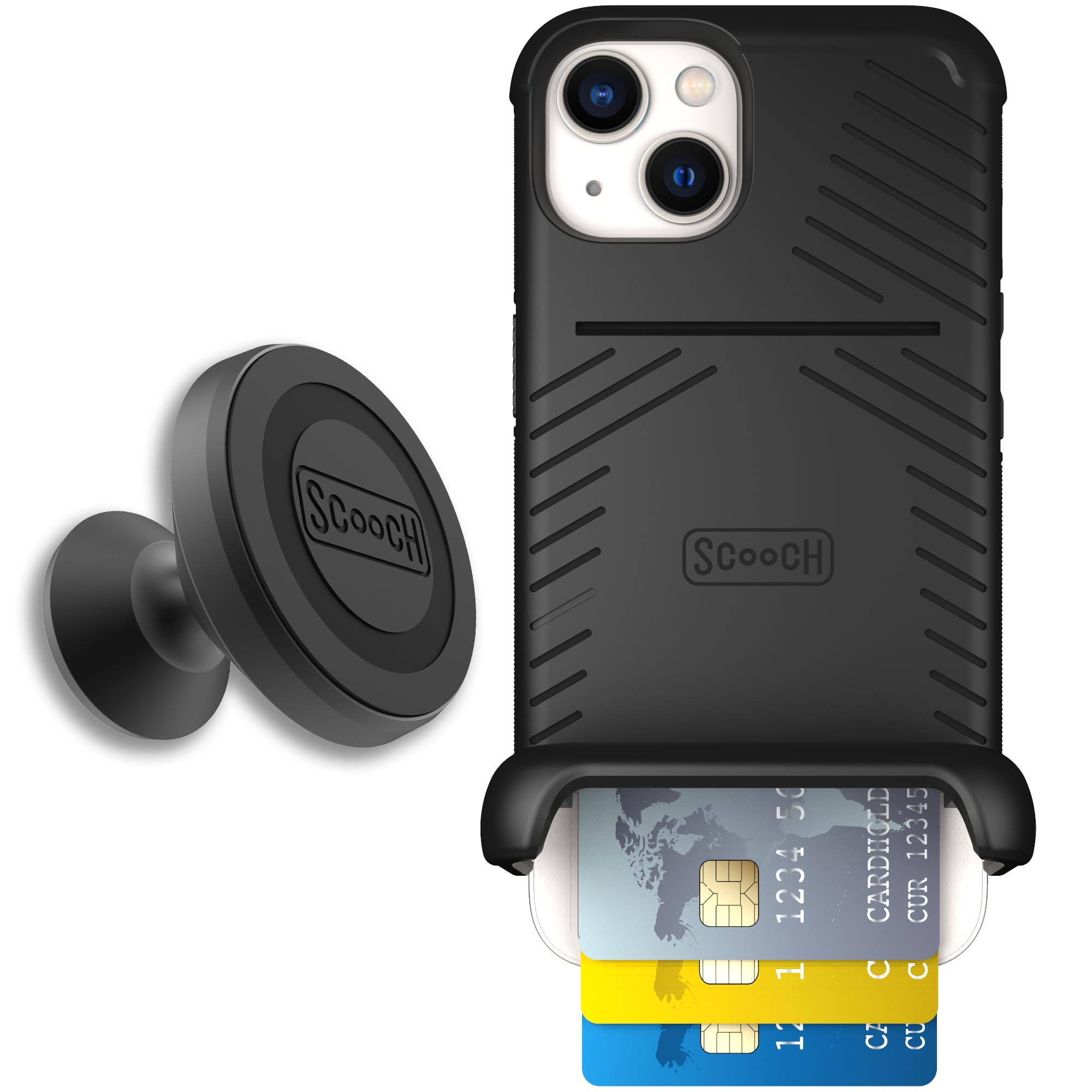 Scooch for iPhone 13 Case with Card Holder, Wingmate Wallet Case Black, Bundled with Wingmount Magnetic Car Mount
