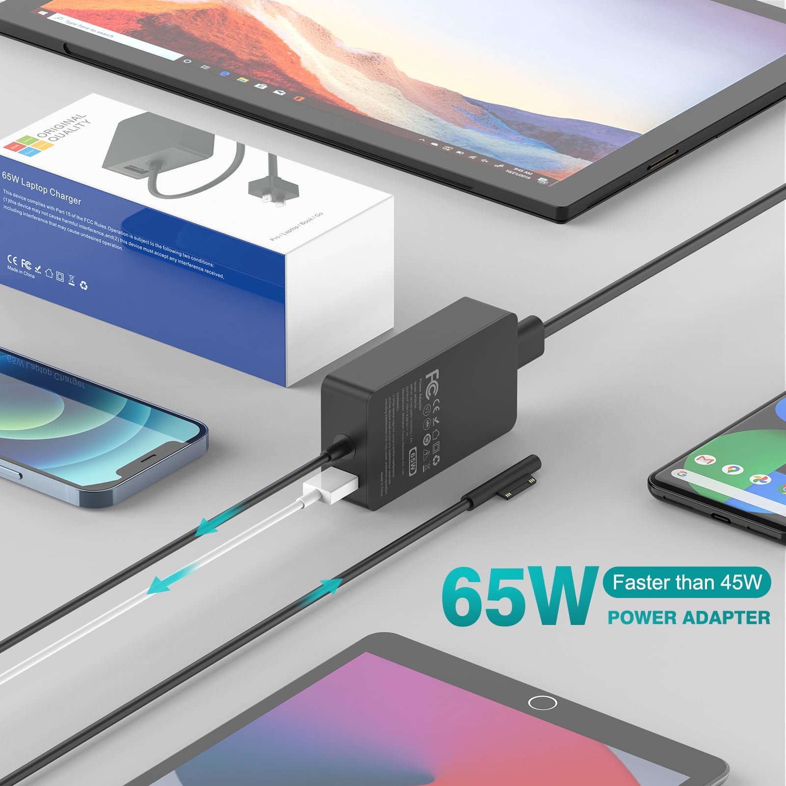 65W Surface Pro Laptop Charger For Microsoft Surface Pro 10, 9, 8, 7+, 7, 6, 5, 4, 3, X, Windows Surface Laptop 6, 5, 4, 3, 2, 1