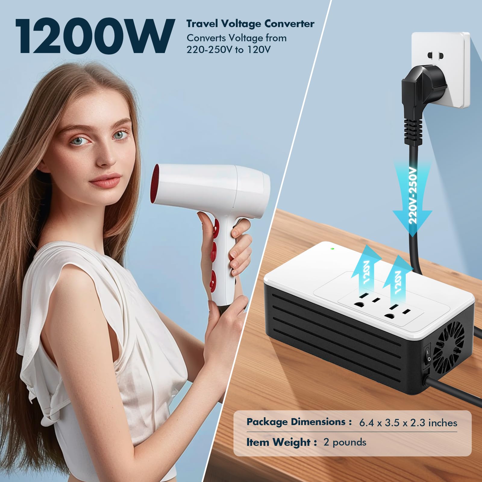 1200W Universal Travel Adapter Converter Step Down 220V To 110V, 2 Lbs Light Weight, Stable Pure Sine Wave, For Hair Dryers, Str