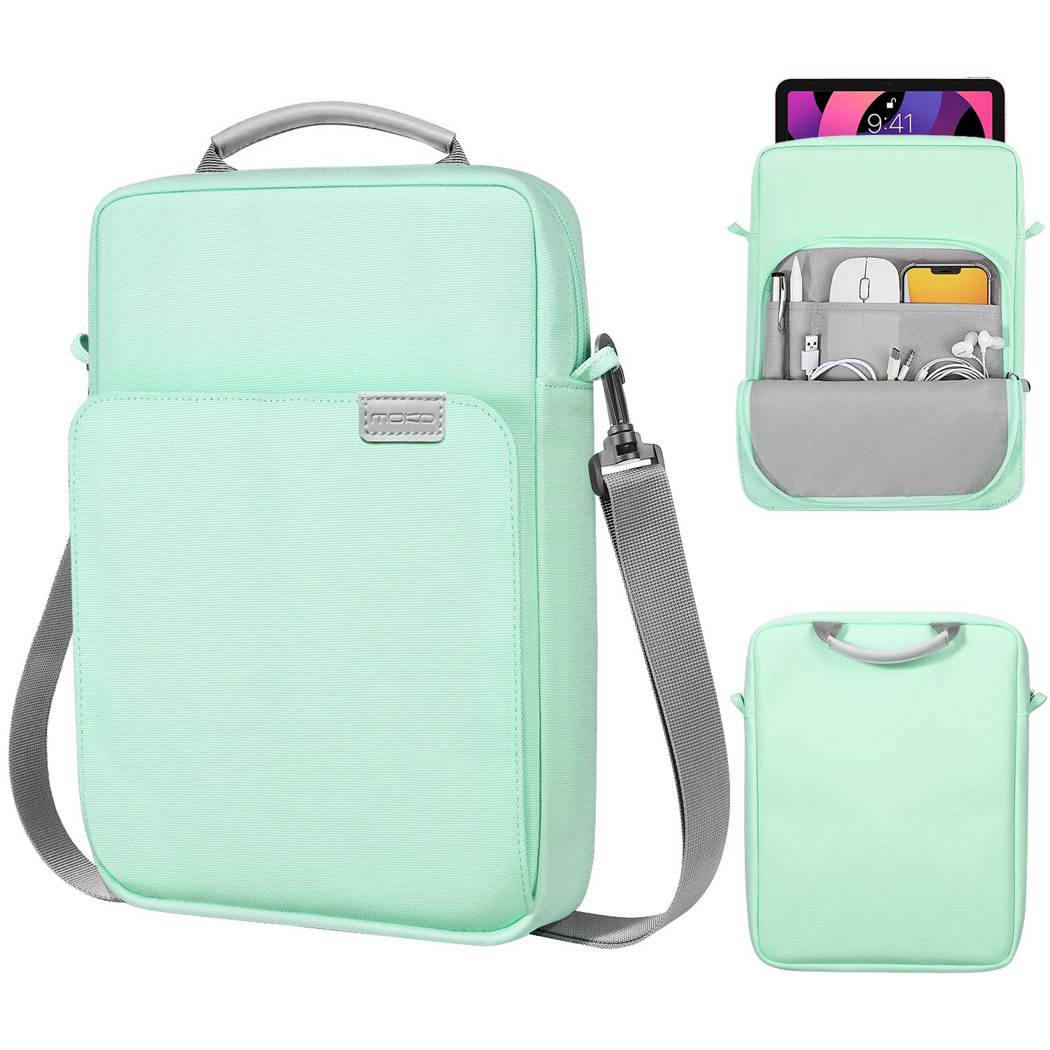 MoKo 9 11 Inch Tablet Sleeve Bag Handle Carrying Case with Shoulder Strap Fits New 11 inch iPad Pro M4/iPad Air M2, iPad 10th 10.9, iPad 9/8/7th 10.2, iPad Air 5/4th 10.9, Tab S8/S9 11, Mint Green