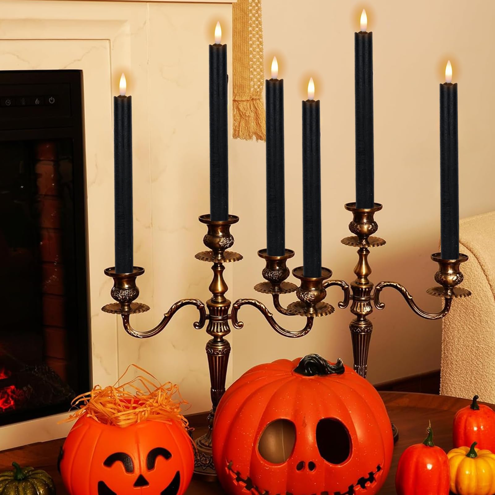 Wondise Halloween Flameless Taper Candles With Timer, Battery Operated Real Wax Black Led Candles 3D Wick Flickering Flame For H