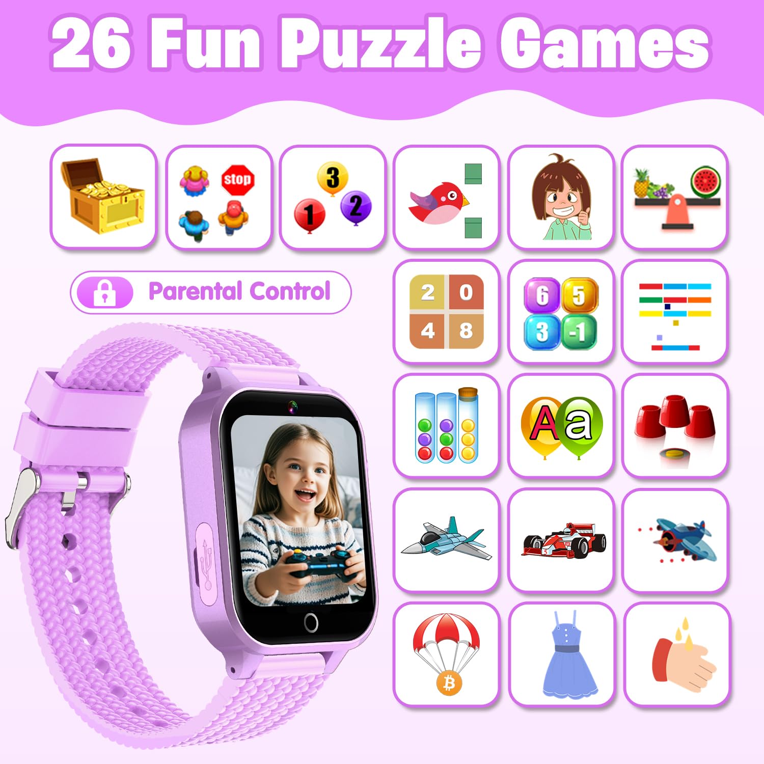 Kids Smart Watch For Girls Age 5-12, Kids Watch With 26 Games,Camera Music Player Pedometer Habit Tracking Hd Touchscreen Flashl