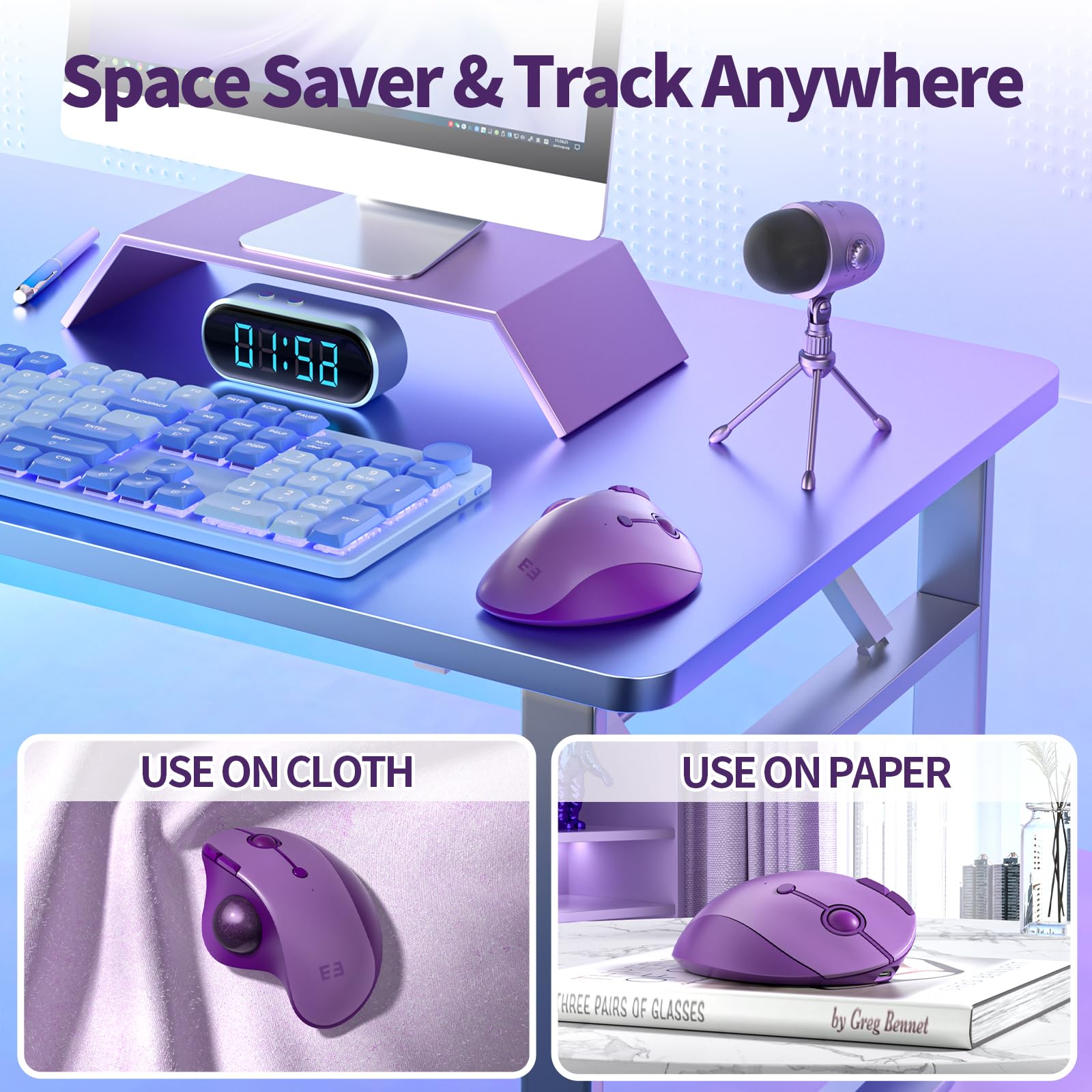 Seenda Wireless Trackball Mouse, Ergonomic Bluetooth Rollerball   Multi Device Thumb Control, Compatible For Mac, Android, Windows   Purple