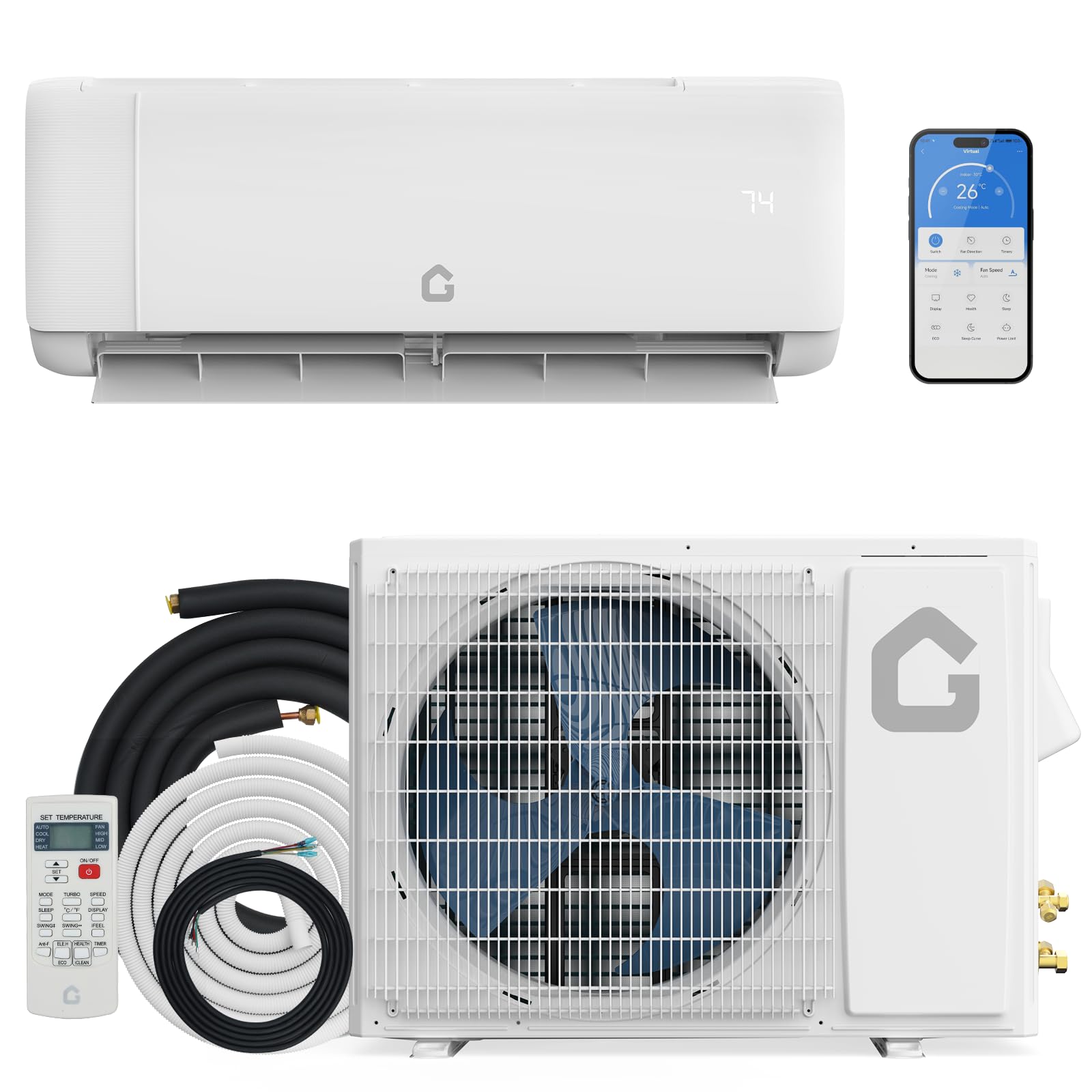 GarveeTech 24,000 BTU Mini Split AC/Heating System, 19 SEER2 Inverter Wi-Fi Energy Efficient Ductless Air Conditioner for Room U