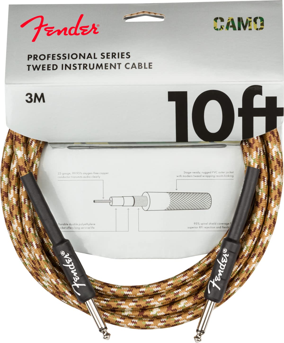Fender 10 Foot Professional Tweed Instrument Cable, Straight Straight, Desert Camo   1 Pack