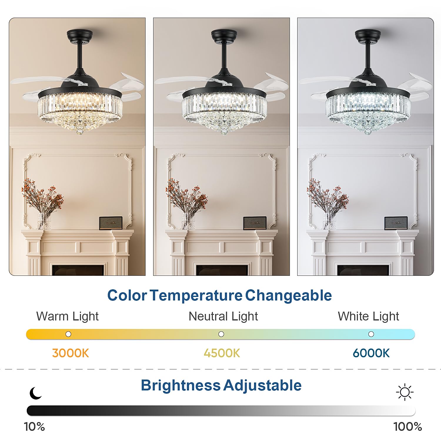 42'' Fandelier Ceiling Fans With Light, Chandelier Ceiling Fan, Retractable Crystal Ceiling Fan For Bedroom, Living Room, 3 Colo