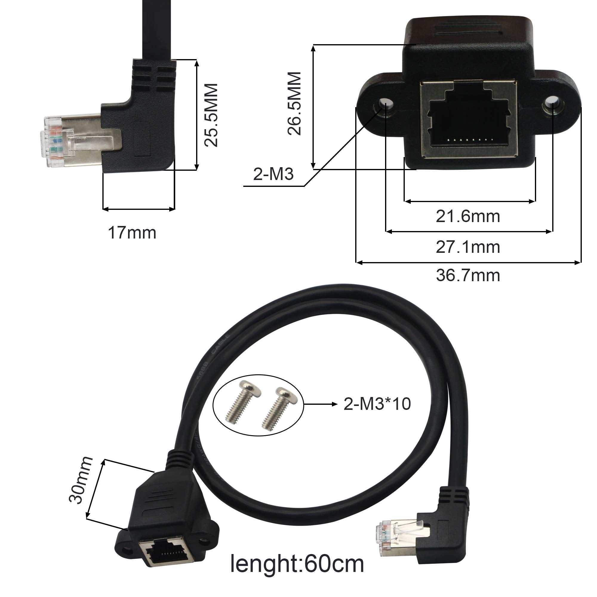 Gintooyun Panel Mount Rj45,Rj45 Male To Female 90 Degree Screw Panel Mount Cat6, Cat5E, Cat5 Shielded Network Lan Extender Cord Connector (Angled Right)