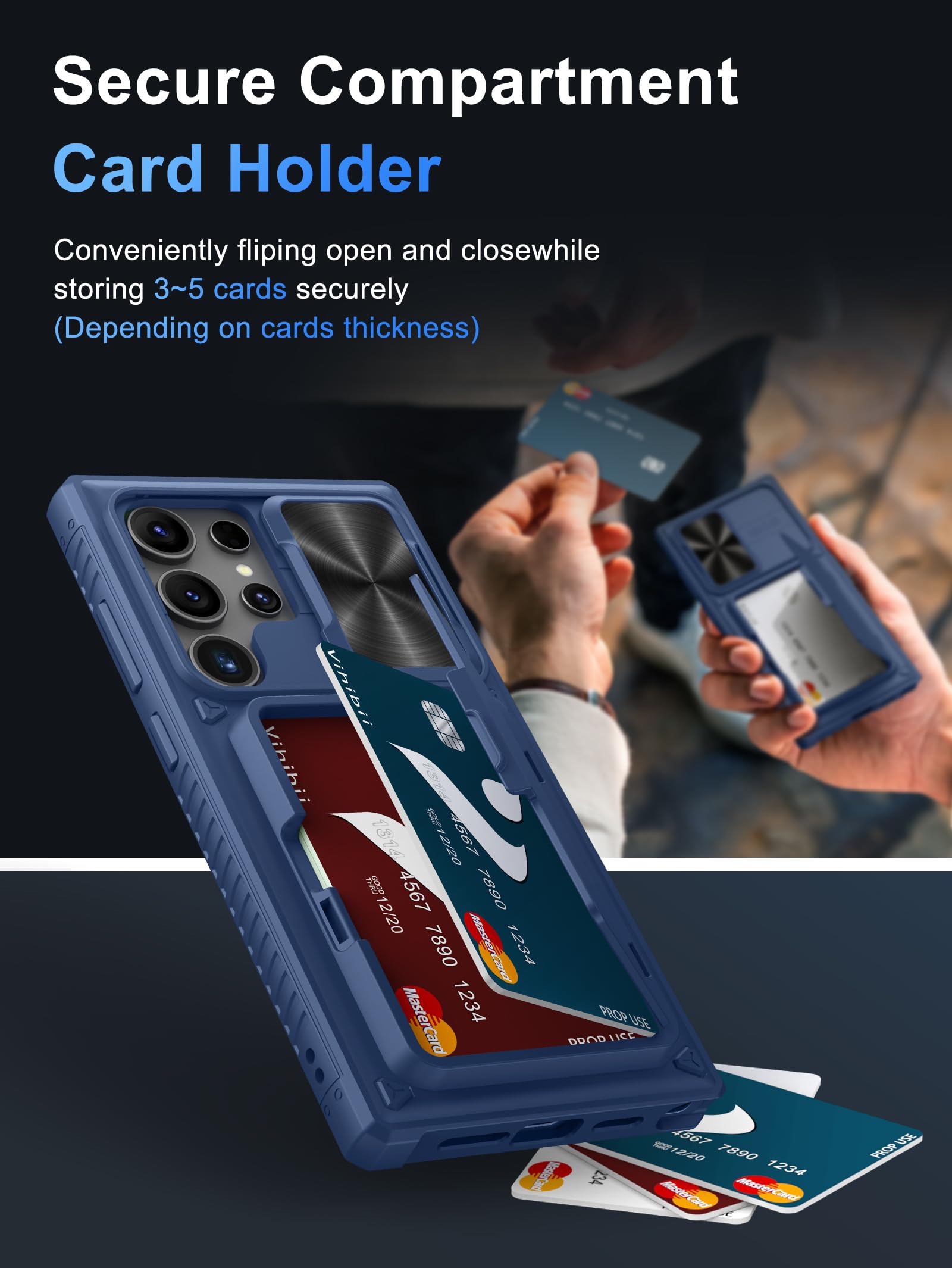 Vihibii For Samsung Galaxy S24 Ultra Wallet Case With Card Holder (4 Cards) & Slide Camera Lens Protective Cover & Kickstand, He