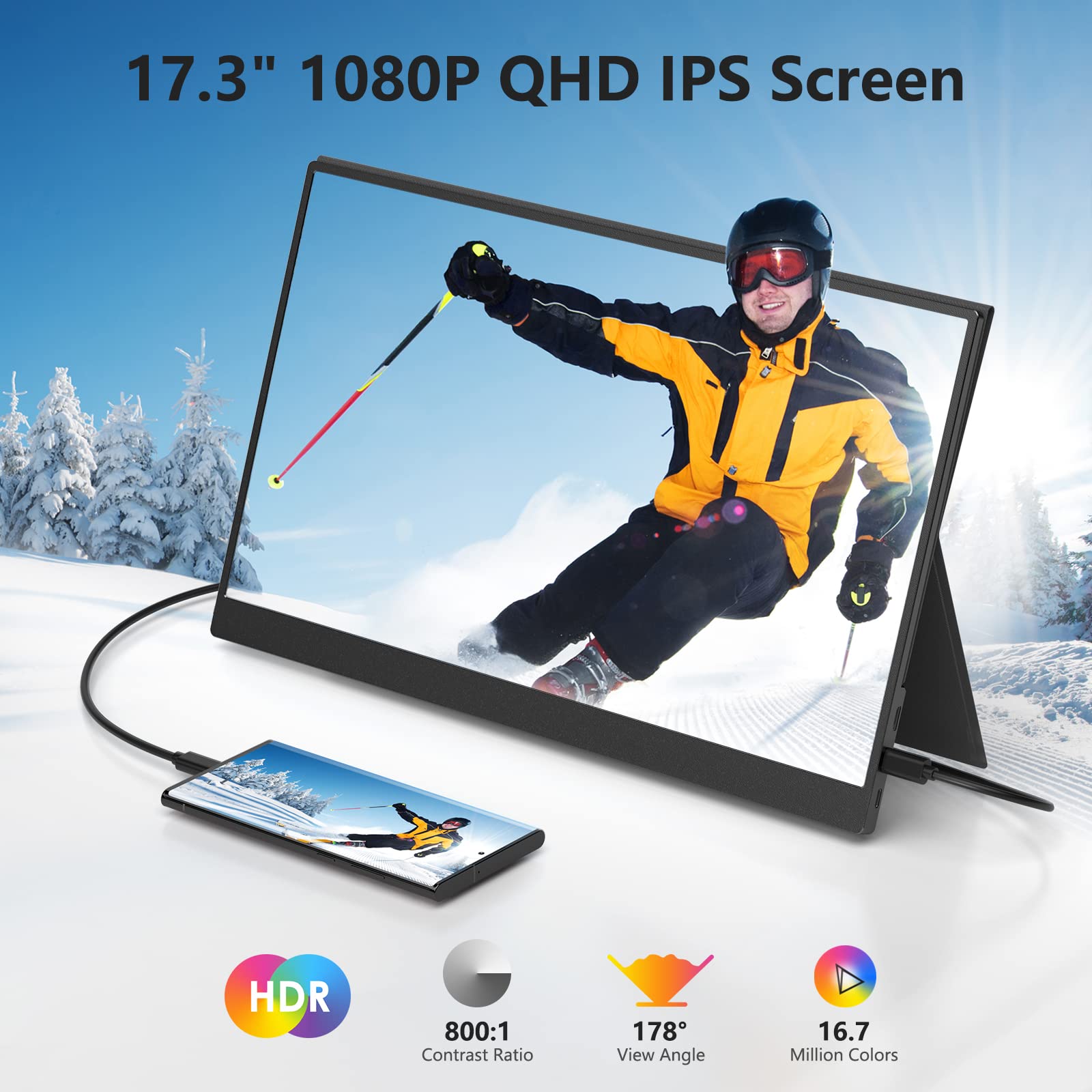 Forhelp 17.3'' Portable Monitor 1080P Fhd 144Hz Narrow Edge Laptop Monitor Usb C Hdmi Gaming Computer Ips Hdr Screen, Travel Mon