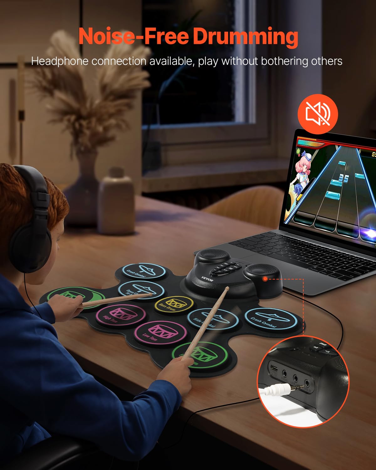 Vevor Electric Drum Set, 9 Pads, Roll-Up Drum Practice Pad, Electronic Drumset With Headphone Jack, Pedals, Sticks, Built-In Dua