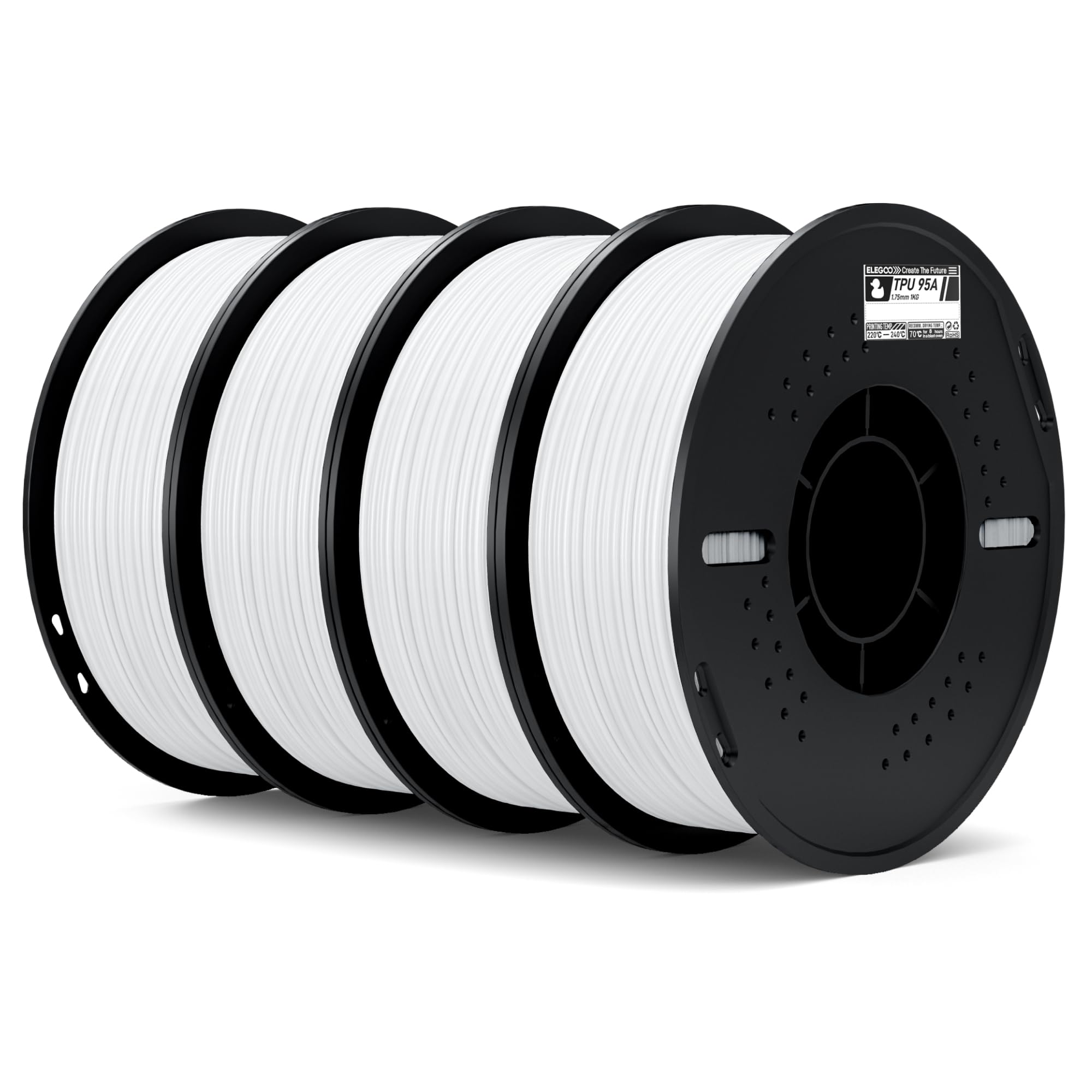ELEGOO TPU Filament 1.75mm White 4KG, 95A Flexible Soft 3D Printing Filament, 4pcs 1KG Spool(2.2lbs) Fits for Most FDM 3D Printe