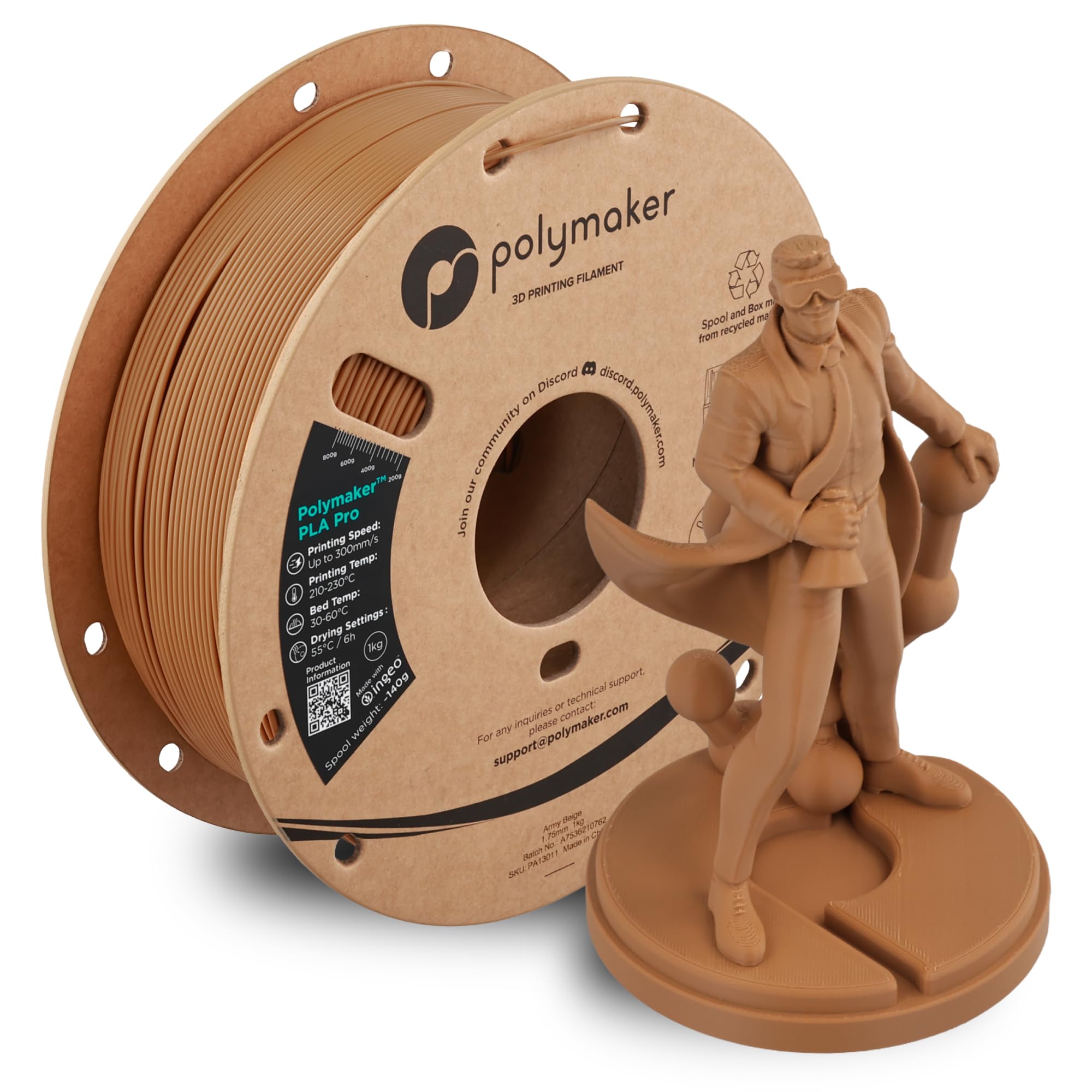 Polymaker PLA Pro 3D Printing Filament Army Beige 1.75mm 1KG, High-Impact Tough PLA, Fast Printing up to 300mm/s, High Speed New
