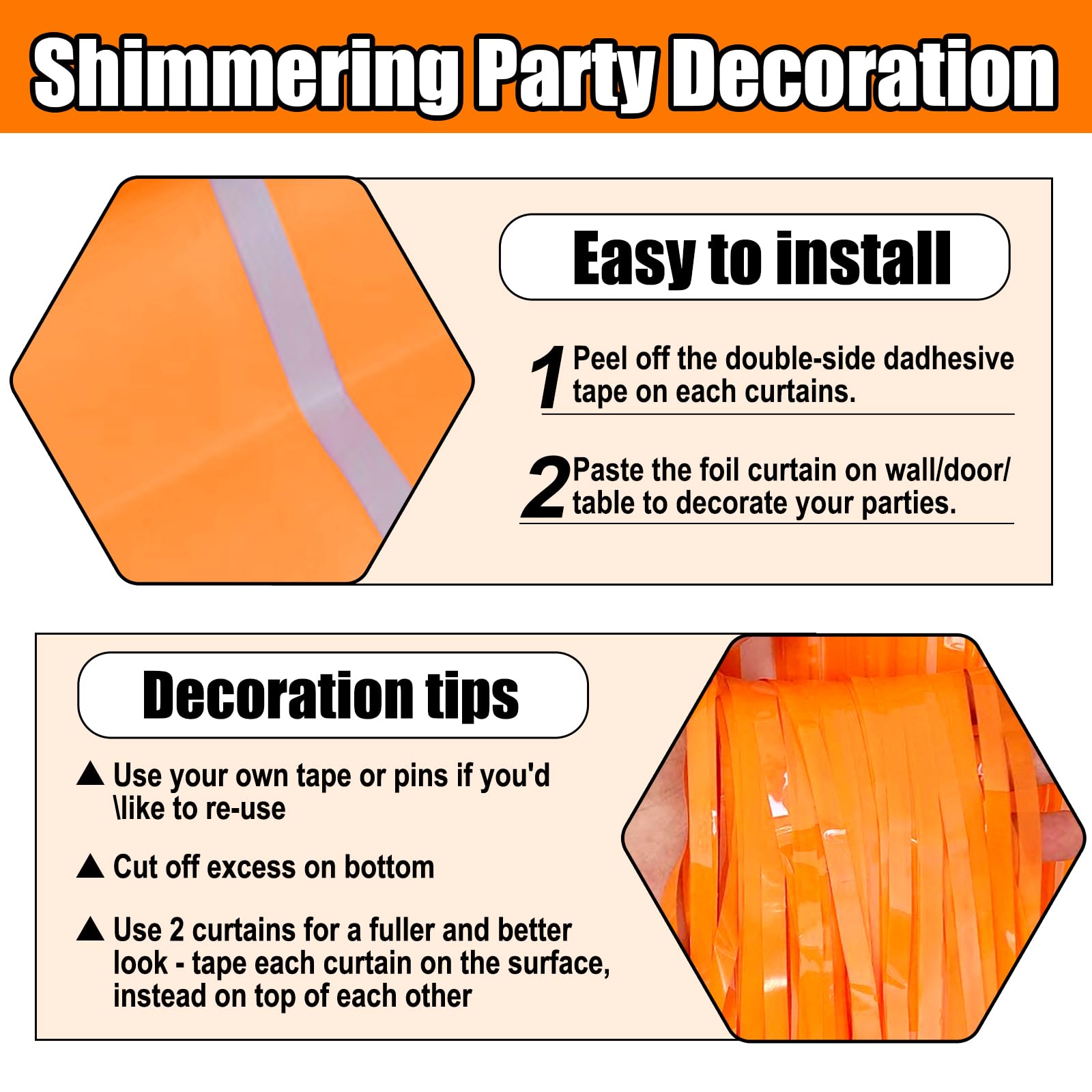 3 Pack Macaron Orange Foil Fringe Curtain Backdrop, 3.28Ft X 8.2Ft Metallic Tinsel Foil Fringe Streamer Curtains For Photo Booth