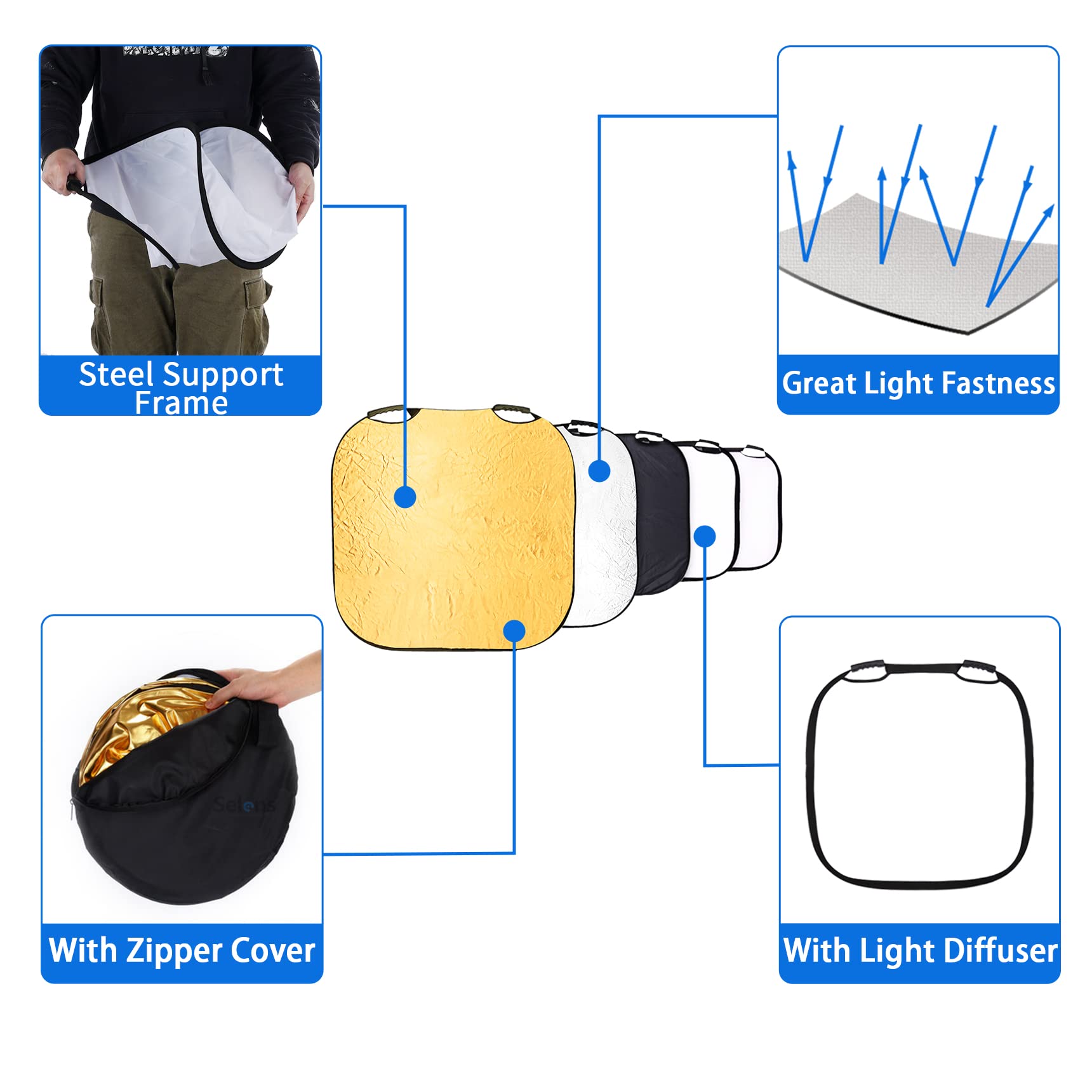 Selens 32 Inch Photography Reflector With Handle, 5 In 1 Collapsible Square Reflectors For Photo Studio Video Outdoor Accessorie
