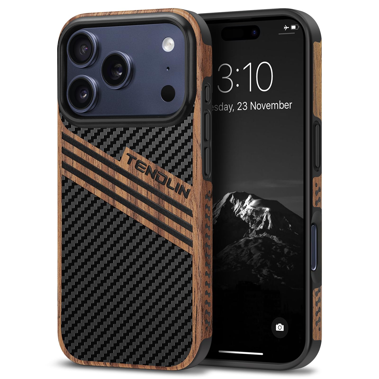 TENDLIN Compatible with iPhone 17 Pro Max Case Wood Grain with Carbon Fiber Texture Design Leather Hybrid Slim Case (Three Strip