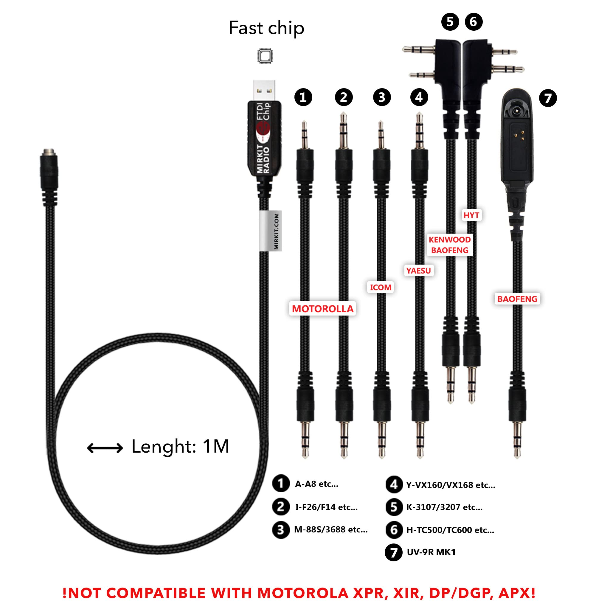 Mirkit Ftdi Usb Programming Cable, 7 In 1, Compatible With Baofeng Uv 5R, Uv 82, Bf888S, Uv 9R, Bf F8Hp, Kenwood, Wouxun, Btech, 4Ft Cable, For Radio Amateur