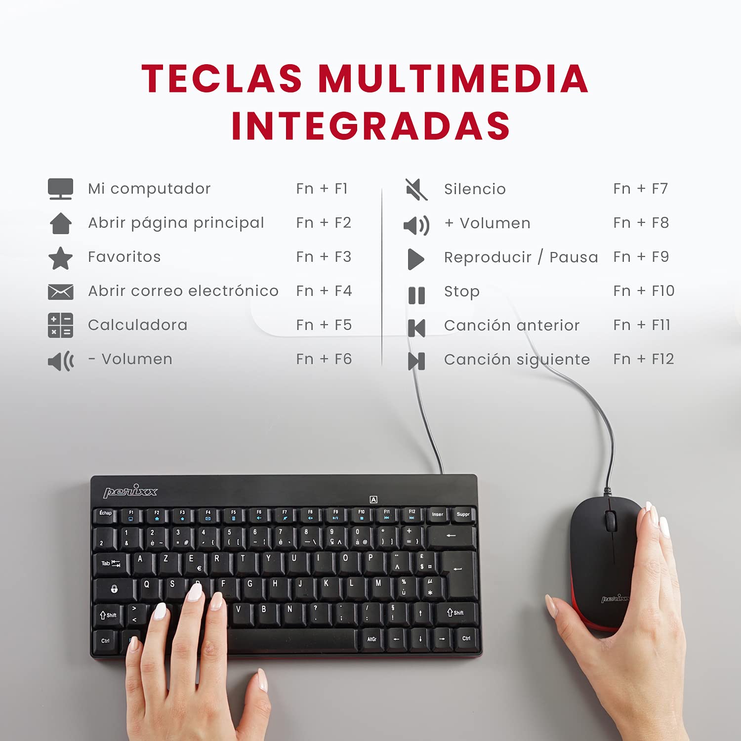 Perixx Periduo 212 Es Teclado Y Rat  N Pequeos Con Cable, 12 Teclas Multimedia, Negro, Configuraci  N Espaola