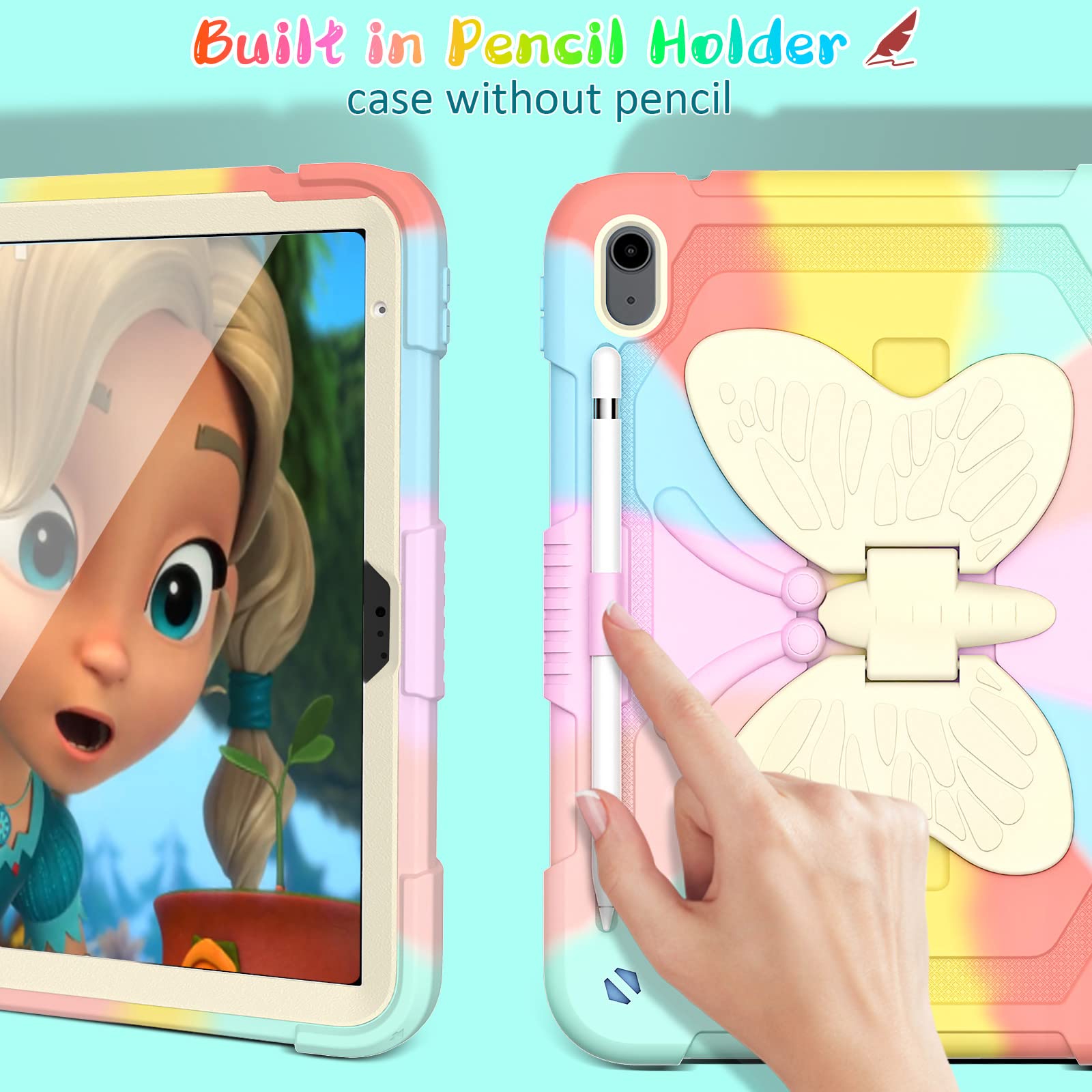 Ambison Case For Ipad (A16) 11Th/10Th Generation (2025/2022) 11''/10.9'' For Kids Girls With 9H Tempered Glass Screen Protector, Heavy Duty Protective With Butterfly Stand, Carrying Strap Multicolor