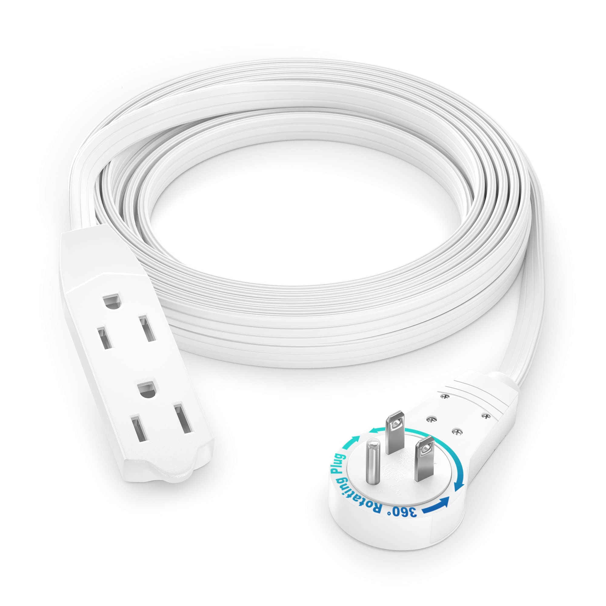 Maximm Cable 10 Ft 360� Rotating Flat Plug Extension Cord/Wire, 16 Awg Multi 3 Outlet Extension Wire, 3 Prong Grounded Wire   White   Ul Certified