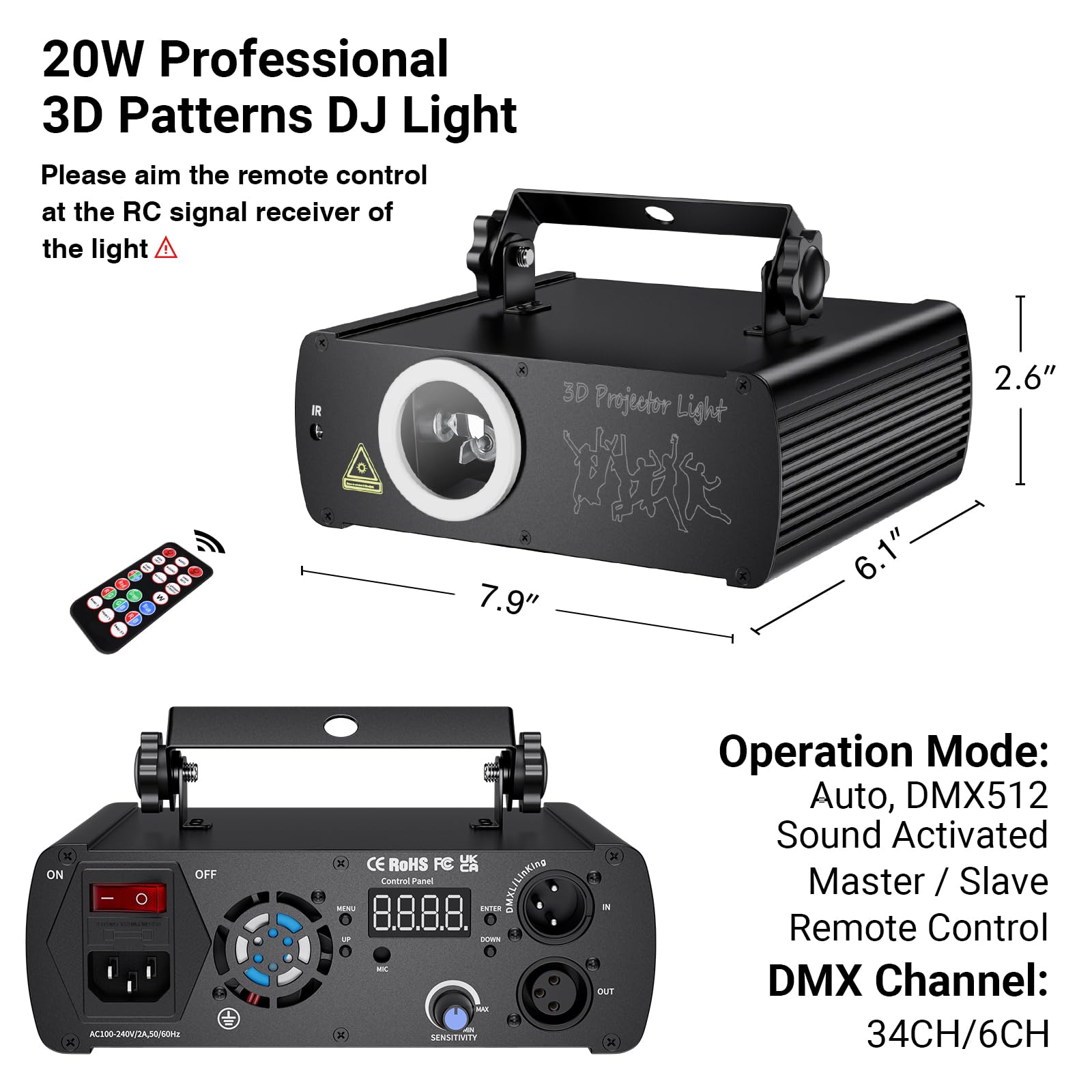 Ehaho Dj Laser Party Lights, 3D Animation Rgb Lazer Stage Lighting, Dmx512 Music Sound Activated Disco Projector Lights, Remote