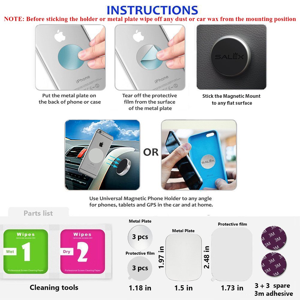 Salex Magnetic Phone Mount 3 Pack With 3M Adhesive, Black Flat Cell Phone Holder For Car Dash, Truck, Wall, Mirror, Table