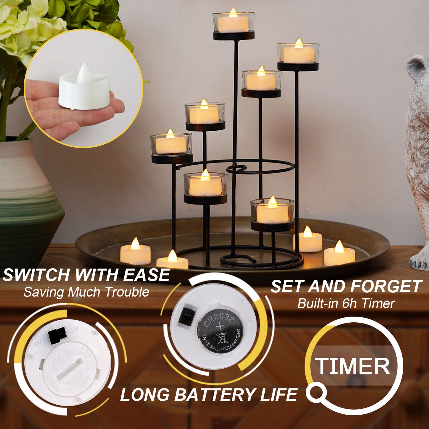 Beichi 24Pcs Battery Operated Tea Lights With Timer, Built In 6 Hours Tea Light, Warm White Flickering Electric Tea Candles With