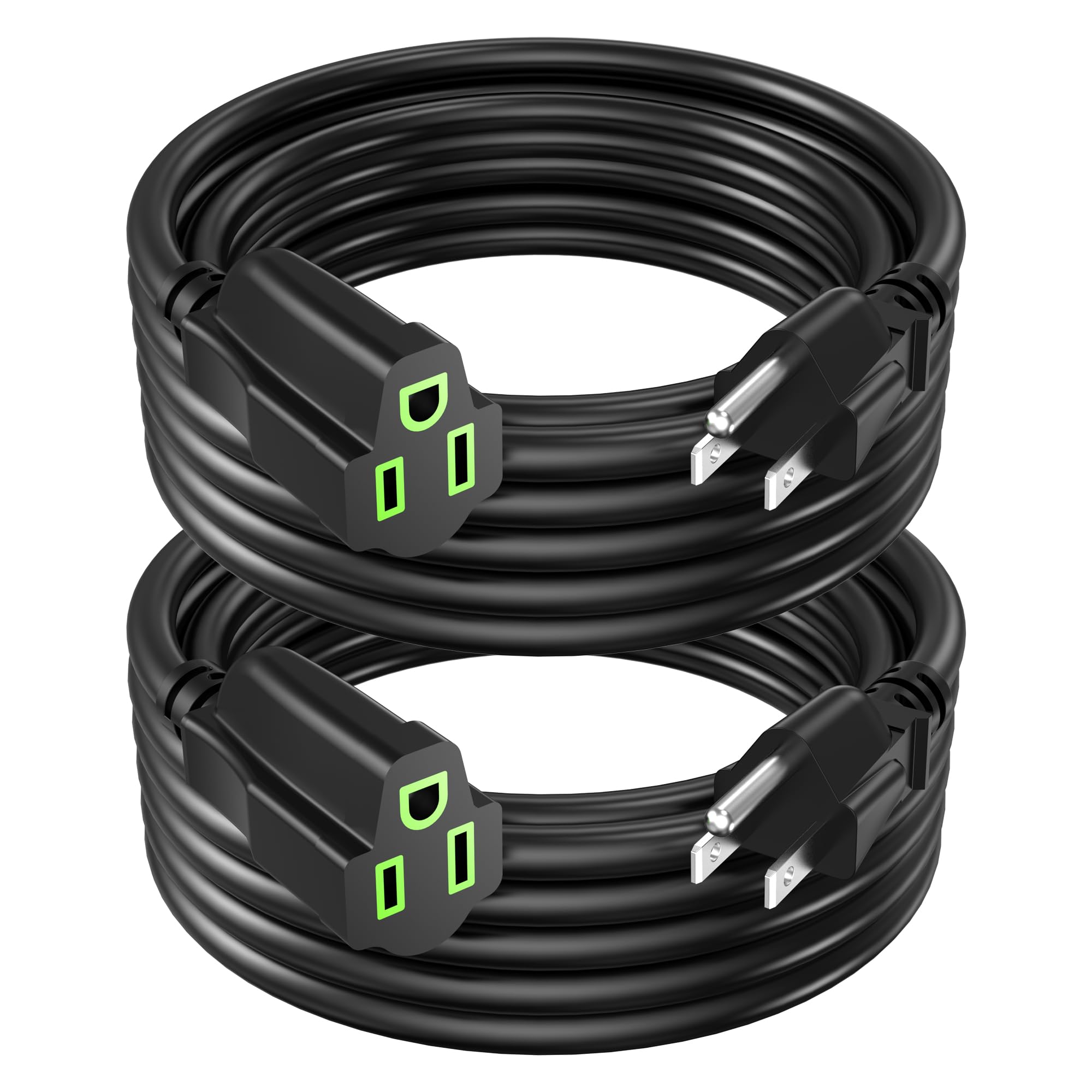 Power Extension Cord 10Ft(2 Pack), 3 Prong Grounded Electric Extension Cable Outlet Saver, Single Outlet, Heavy Duty, Waterproof