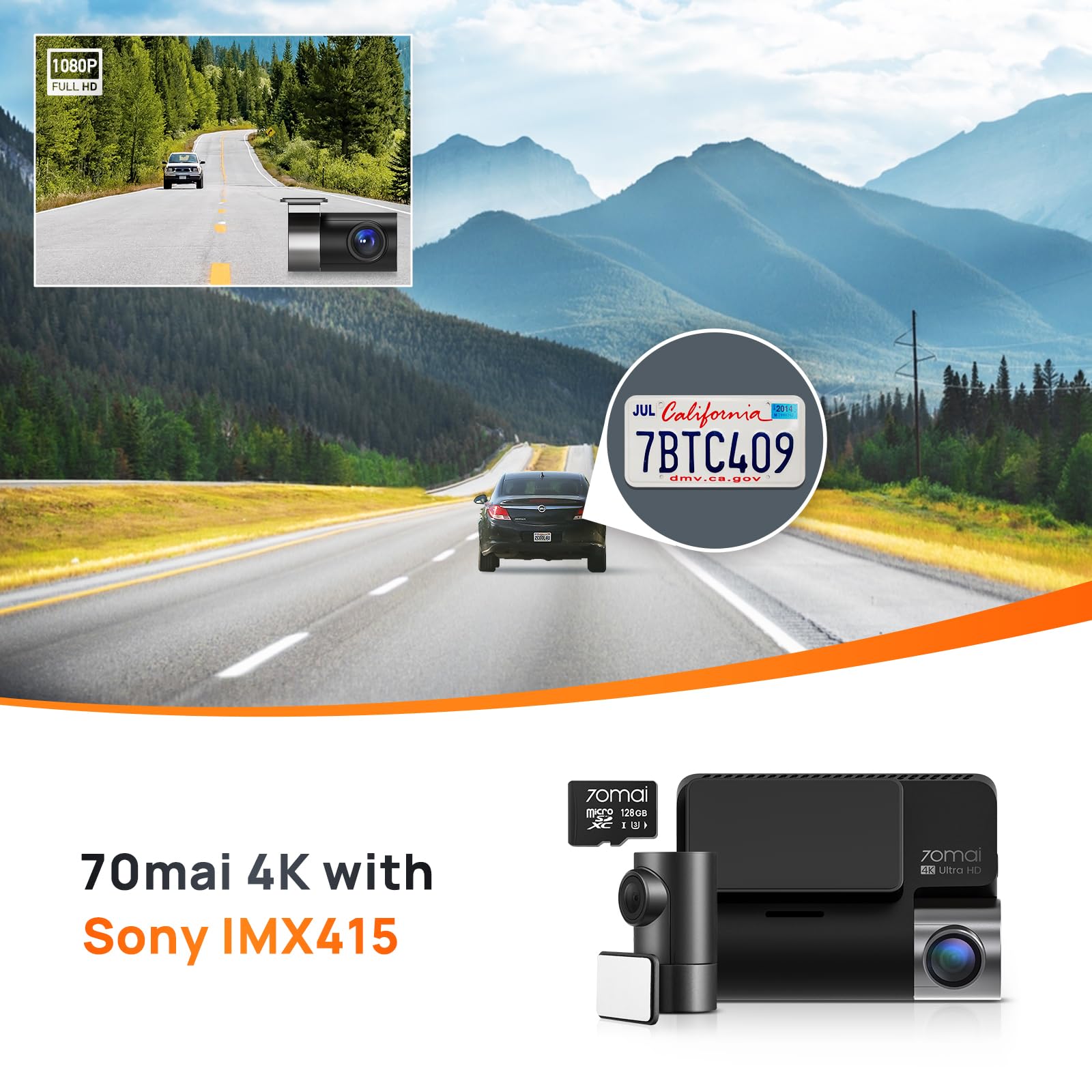 70Mai 4K Dash Cam A800S With Sony Imx415, Front And Rear,With Free 128Gb Sd Card, Built In Gps, Super Night Vision, 3'' Ips Lcd,