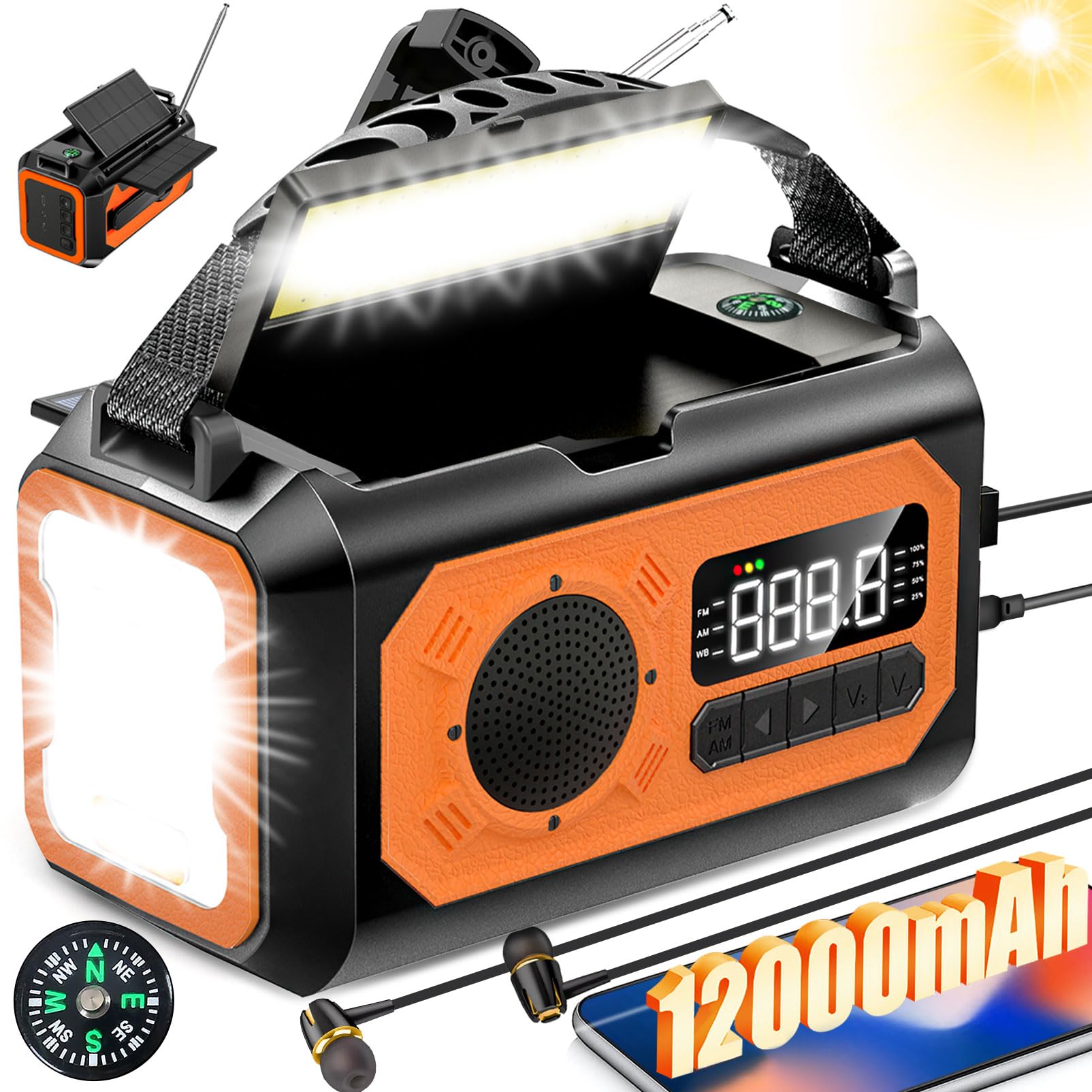 12000mAh Emergency Radio, Hand Crank Radio, Portable Solar Radio AM/FM/NOAA Weather Radio with 2 Solar Panels,3 Charging Methods