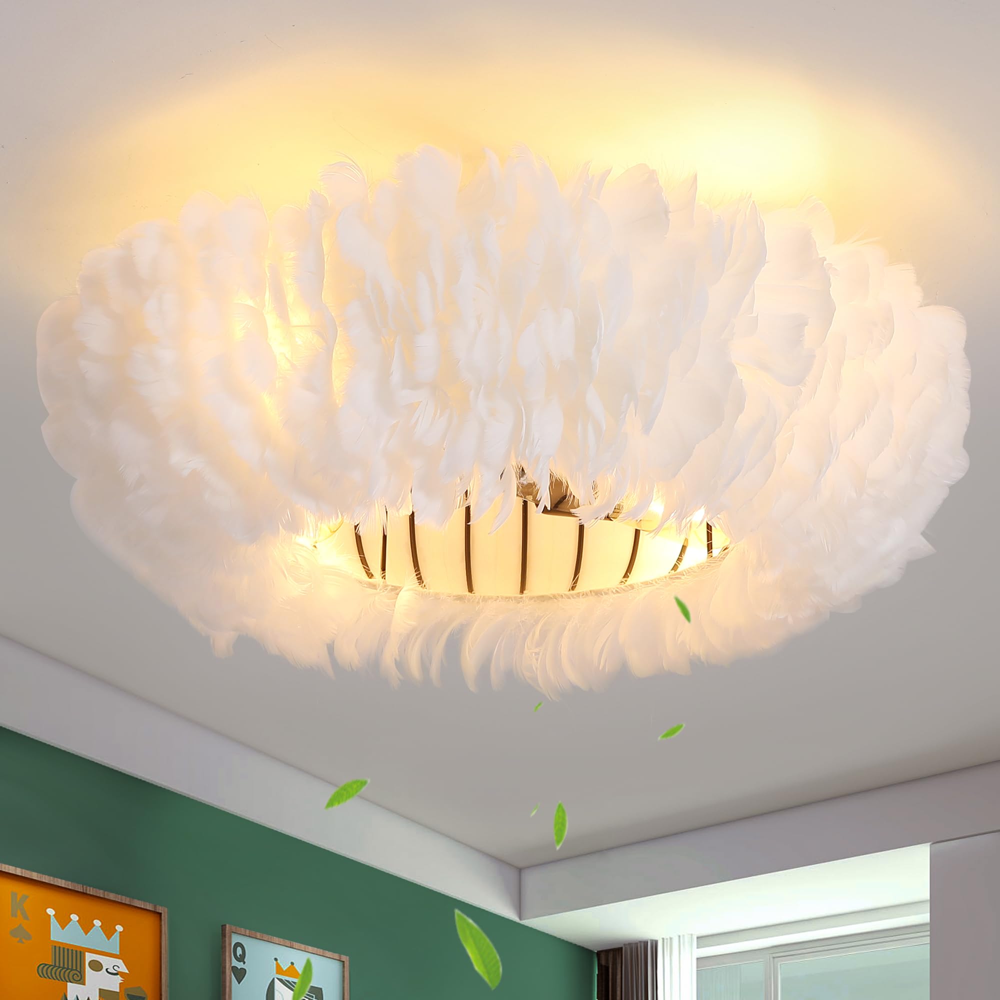 XUDOM 20 Modern Ceiling Fans with Lights and Remote Control,White Feather Chandeliers Stylish Low Profile Ceiling Fan for Bedroo