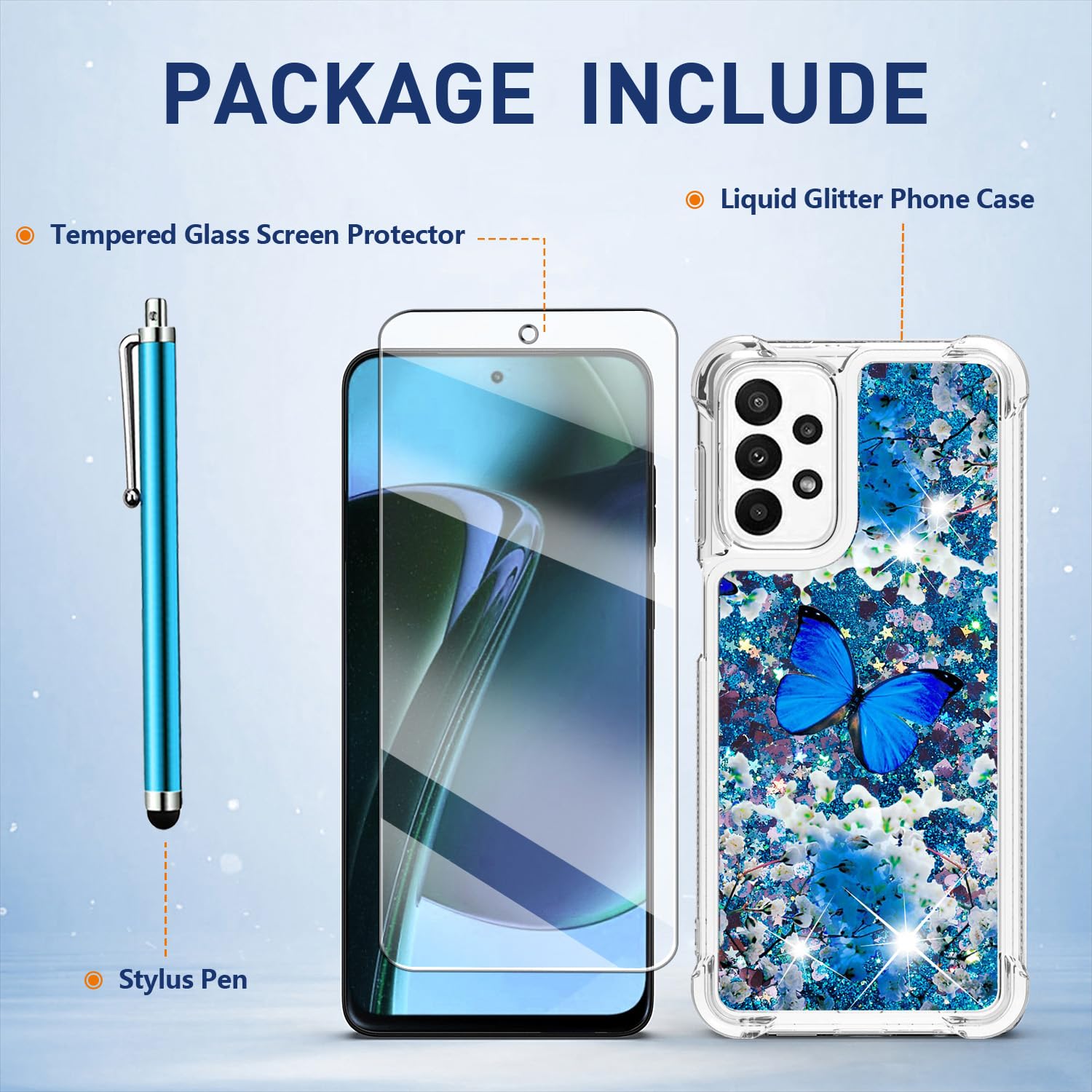 Caiyunl For Samsung Galaxy A23 5G Case With Screen Protector, Women Girls Cute Glitter Bling Liquid Sparkle Floating Phone Case,