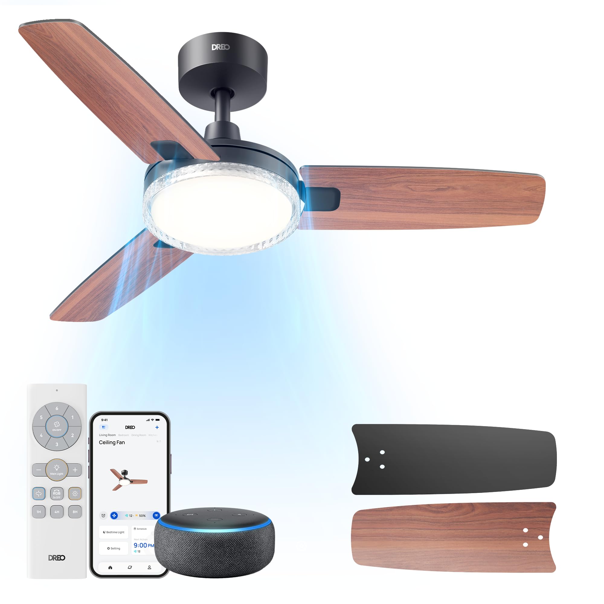 Dreo Smart Ceiling Fans with Lights, 42 Inch Black Ceiling Fan, 12 Speeds & 3 Fan Modes, Stepless Color Tones, Dimmable LED Ligh