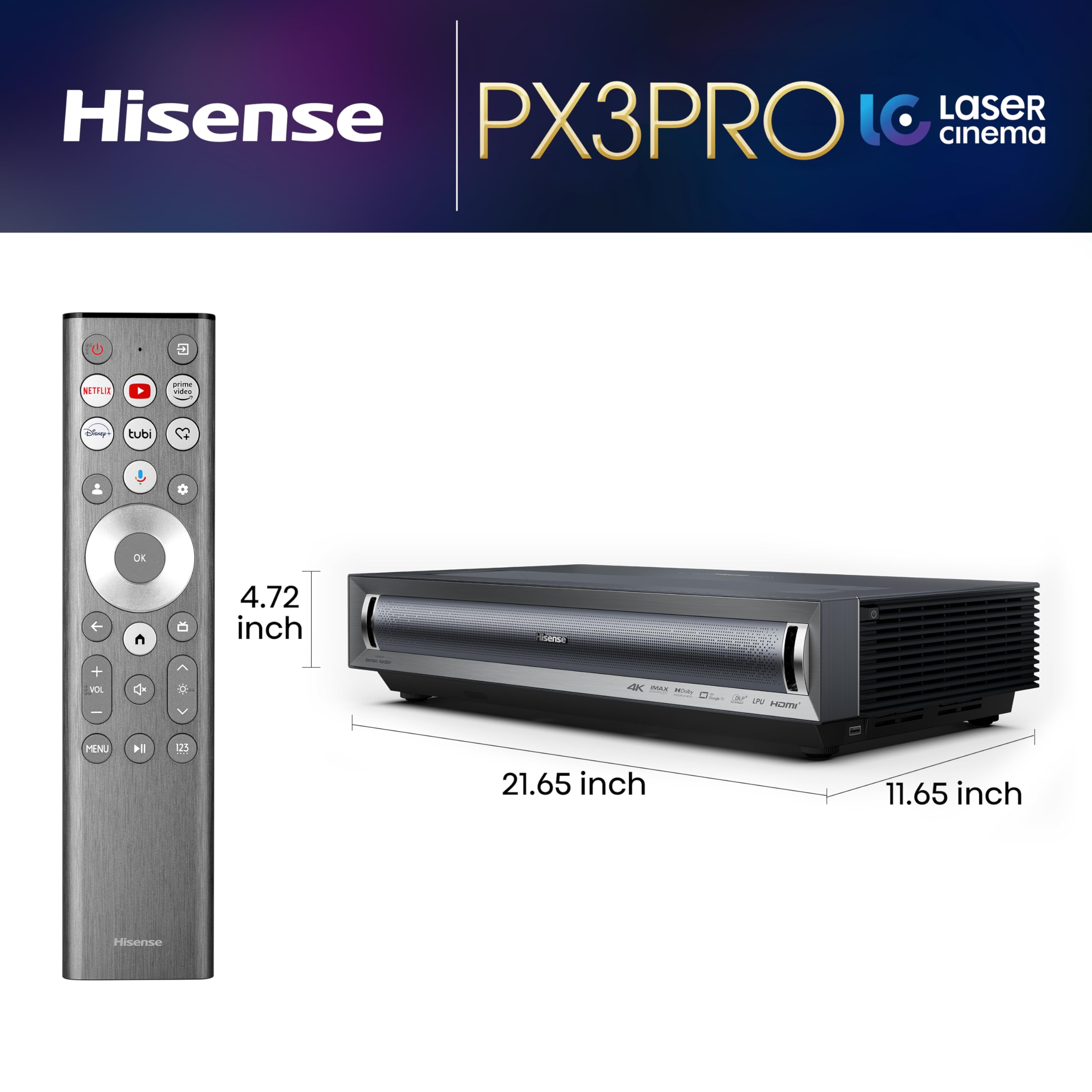 Hisense Laser Cinema Px3-Pro Triple Laser Ultra Short Throw Projector, 80~150, 4K Uhd, High Contrast, Imax Enhanced, Dolby Visio