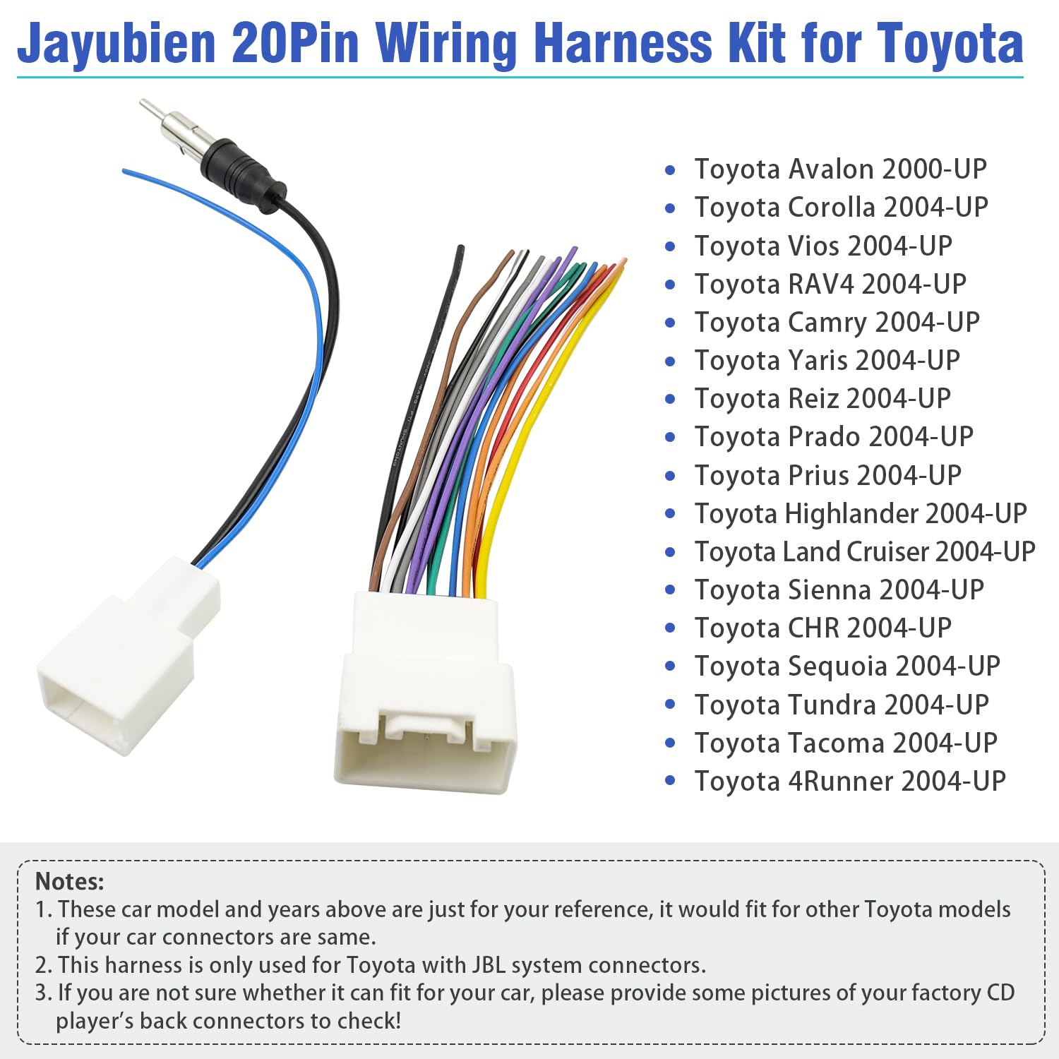 Jayubien Radio Wiring Harness Jbl Adapter Replacement For Toyota Highlander Sequoia Tundra Camry Corolla Vios Prado 20Pin Car St
