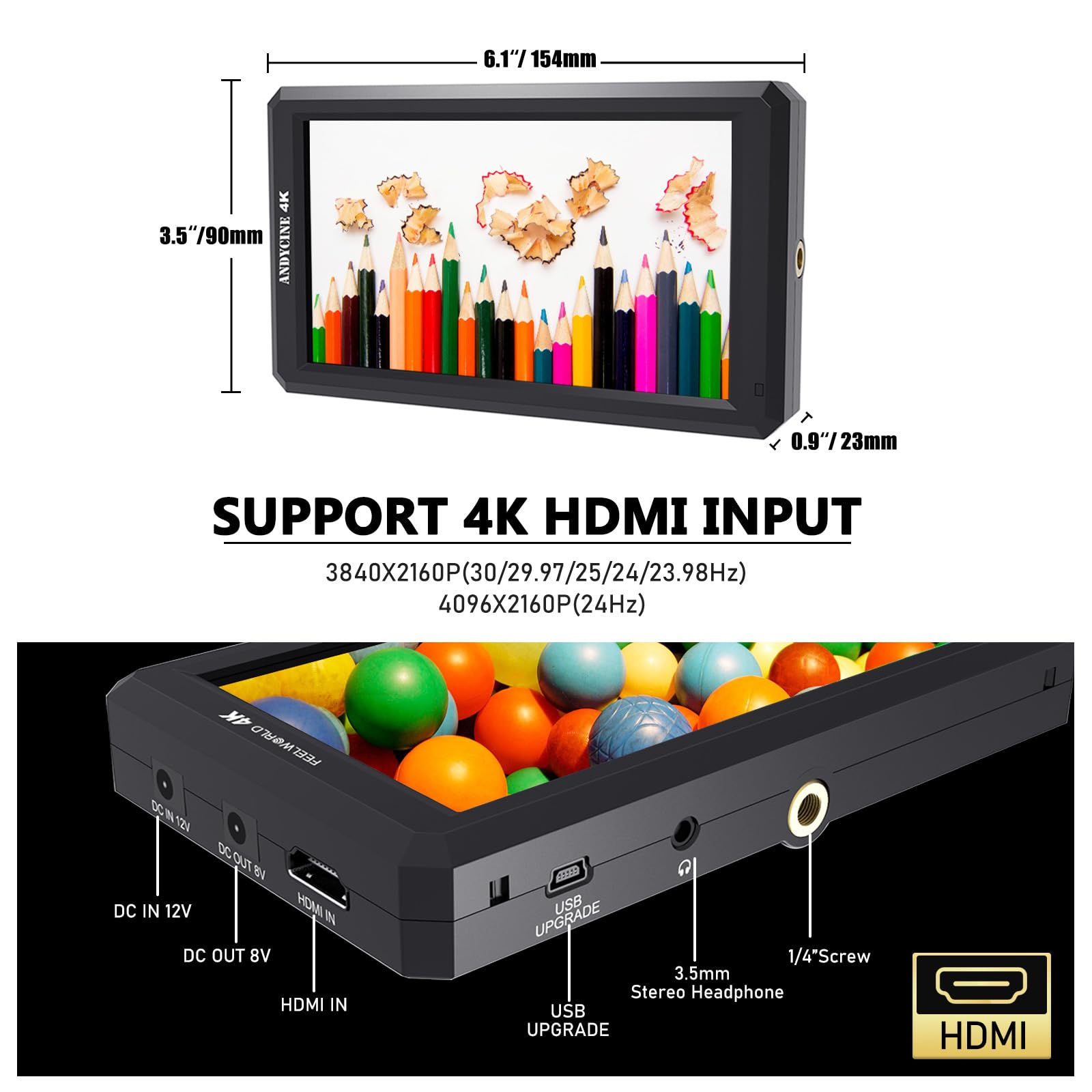 Feelworld F6 On Camera Monitor Bundle 6 Inch Video Assit Monitor,4K Hdmi Filed Monitor With With All Waveform,3D Lut Load (Inclu