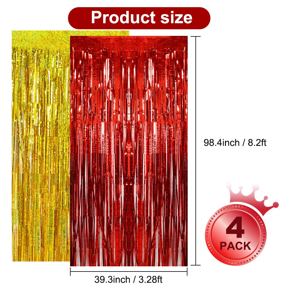 Beishida 4 Pcs Red And Gold Party Streamers Fringe Foil Curtain Backdrop Tinsel Background Party Decoration For Door Wall Gradua