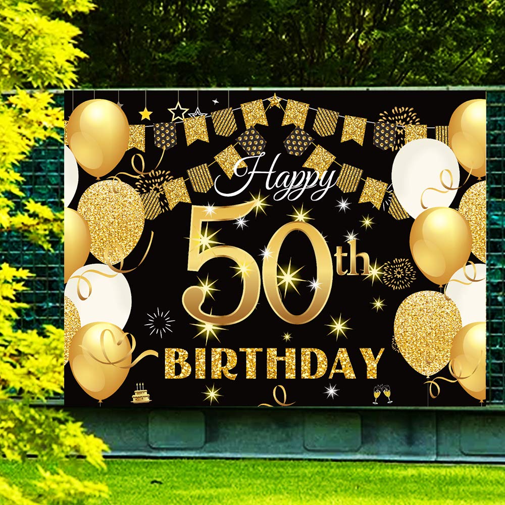Saliyaa 7X5Ft Happy 50Th Birthday Backdrop,Happy Birthday Party Decoration, Black Gold Birthday Sign Poster Photo Booth Backdrop