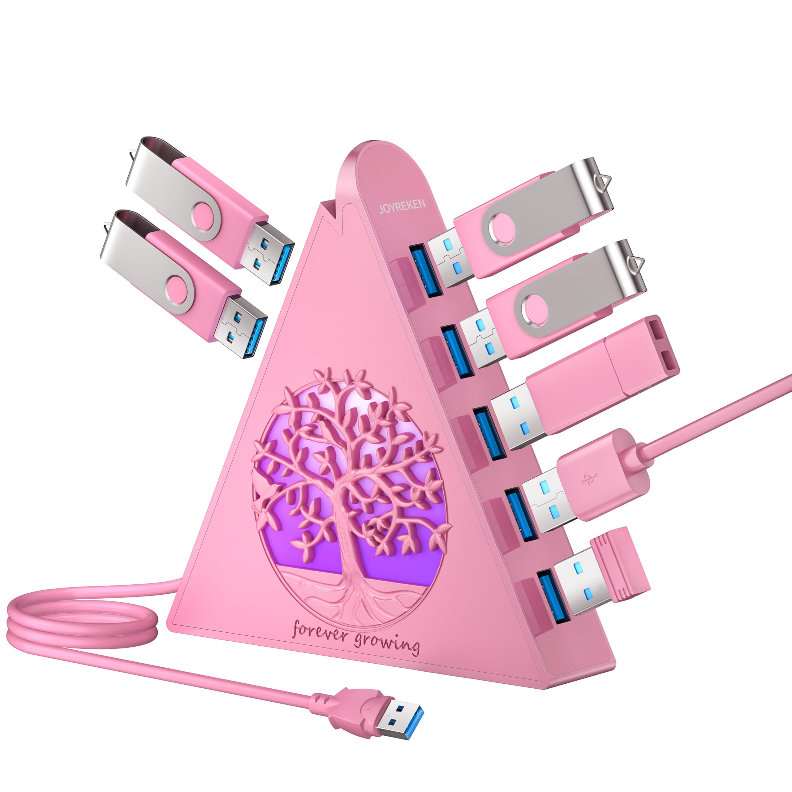 JoyReken 7-Port USB 3.0 Hub, RGB USB Hub with RGB Tree Light and 2ft Cable, USB Hub 3.0 Pink USB Expander for Laptop, PC, Flash 