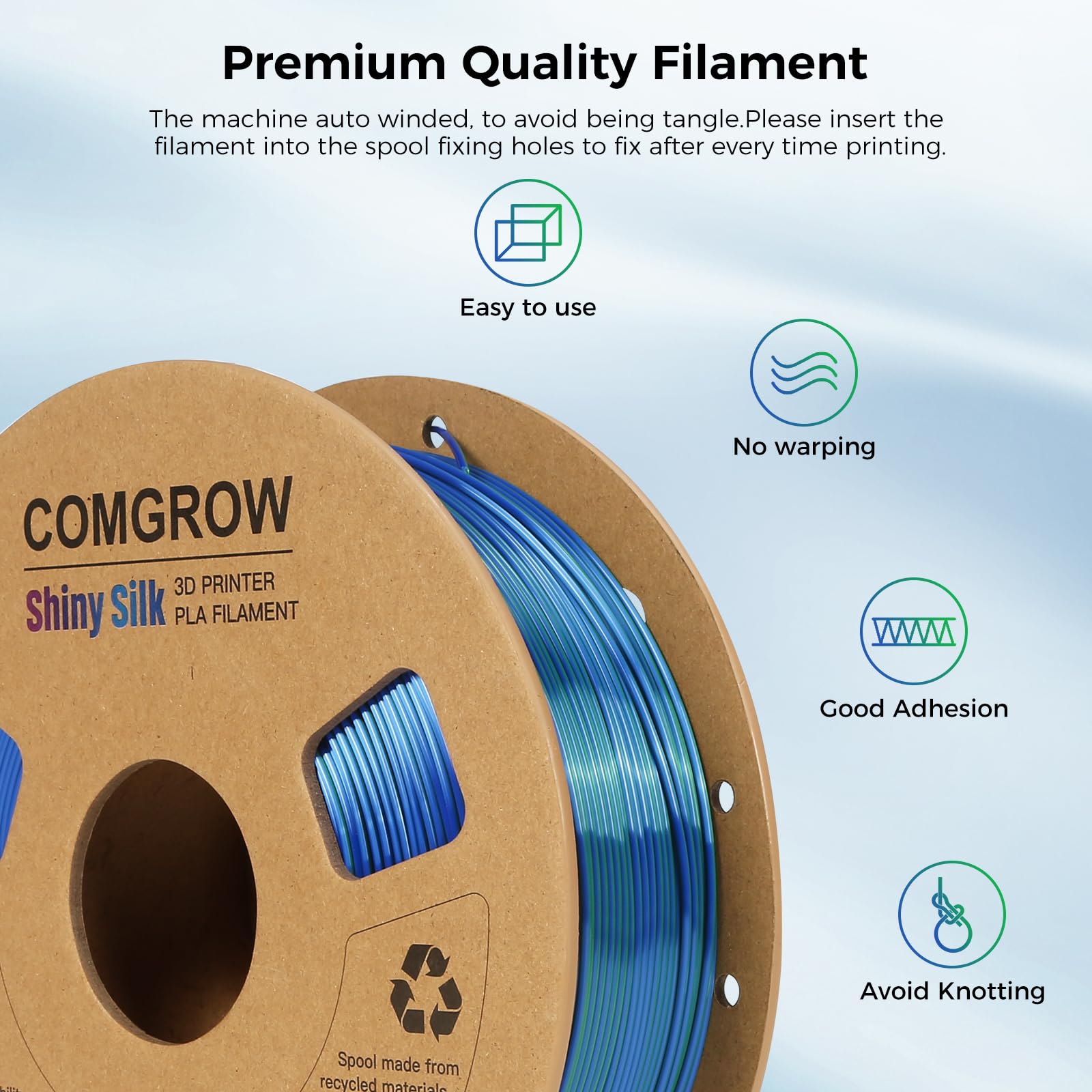 Comgrow Silk Pla 3D Printer Filament, Dual Color 2 In 1 Green And Blue, 3D Printing Pla Filament 1.75Mm, Dimensional Accuracy +/