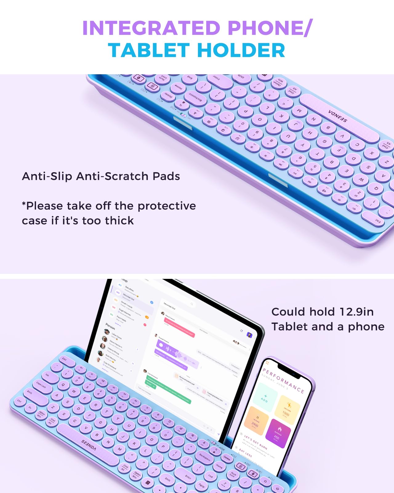 Seenda Bluetooth Keyboard And Mouse For Ipad, Multi Device Bluetooth + 2.4G Wireless Keyboard Mouse With Tablet Holder For Macbook/Windows Computer, Ios/Andriod Tablet Phone, Blue & Purple