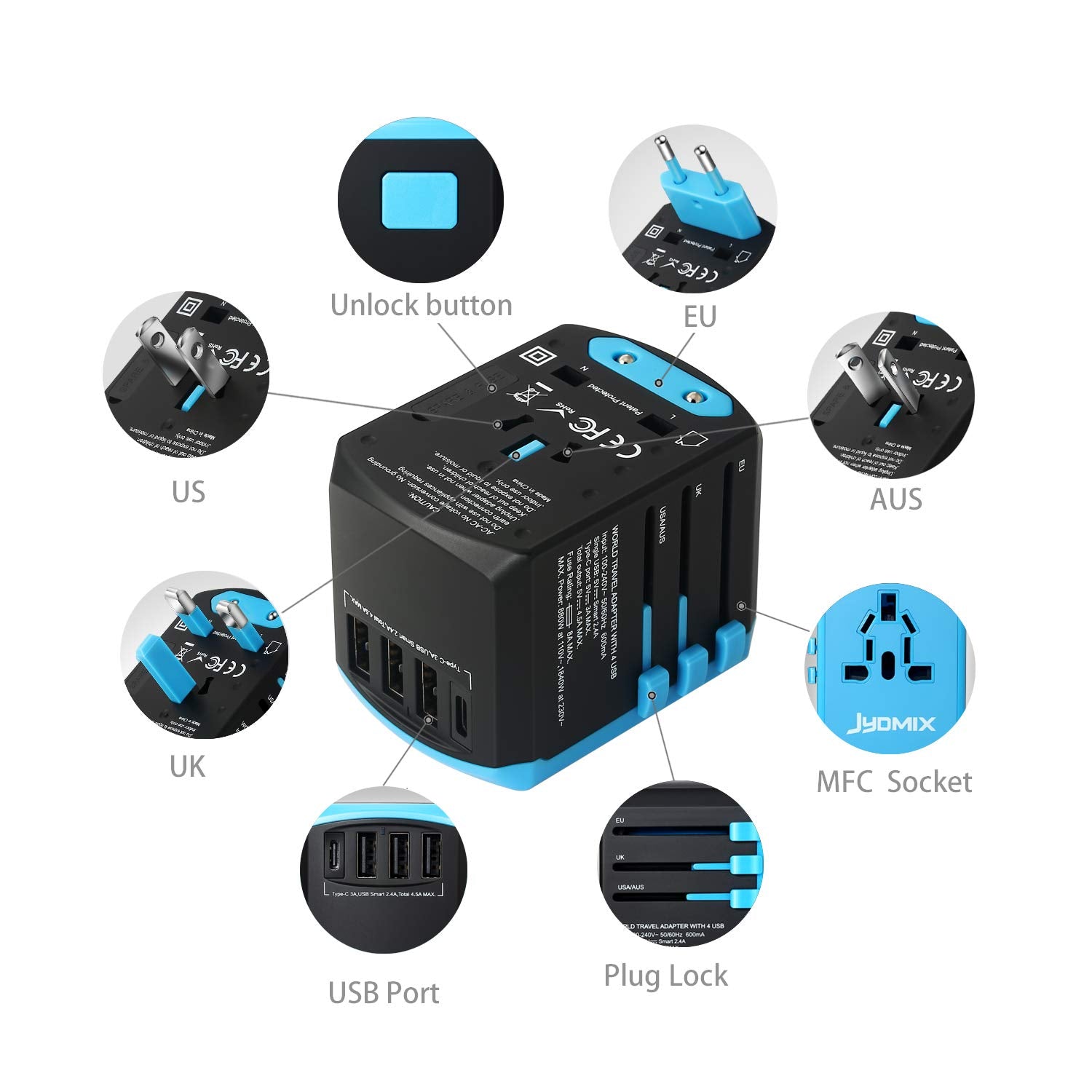 All In One Universal Usb Travel Power Adapter With 3 Usb Port And Type C International Wall Charger Worldwide Ac Power Plug 8 Pi