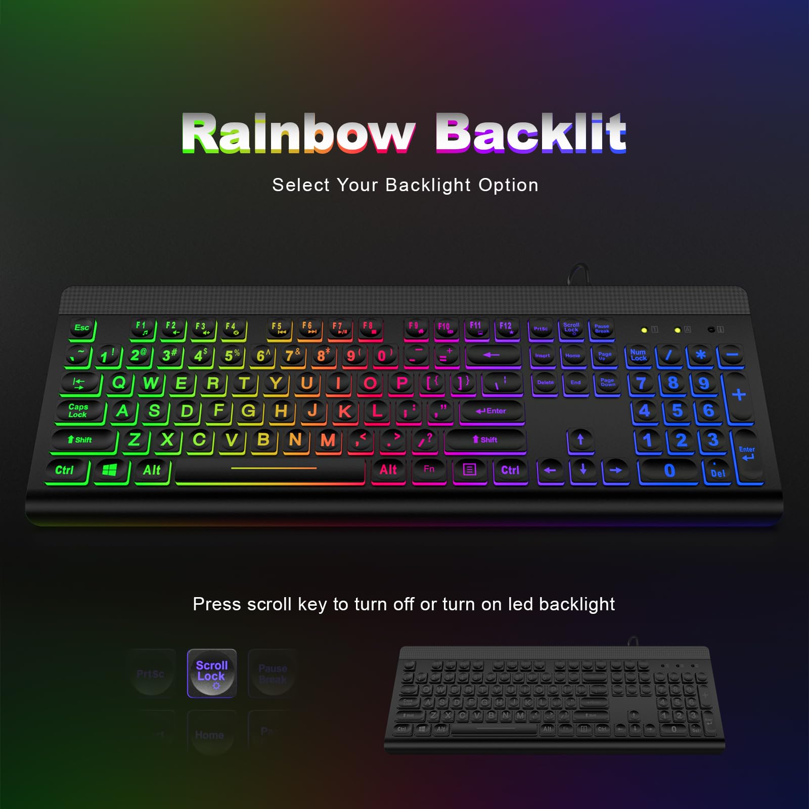 Atelus Large Print Backlit Keyboard, Usb Wired Computer Keyboard, Full Size Keyboard With Rainbow Illuminated Led Compatible For