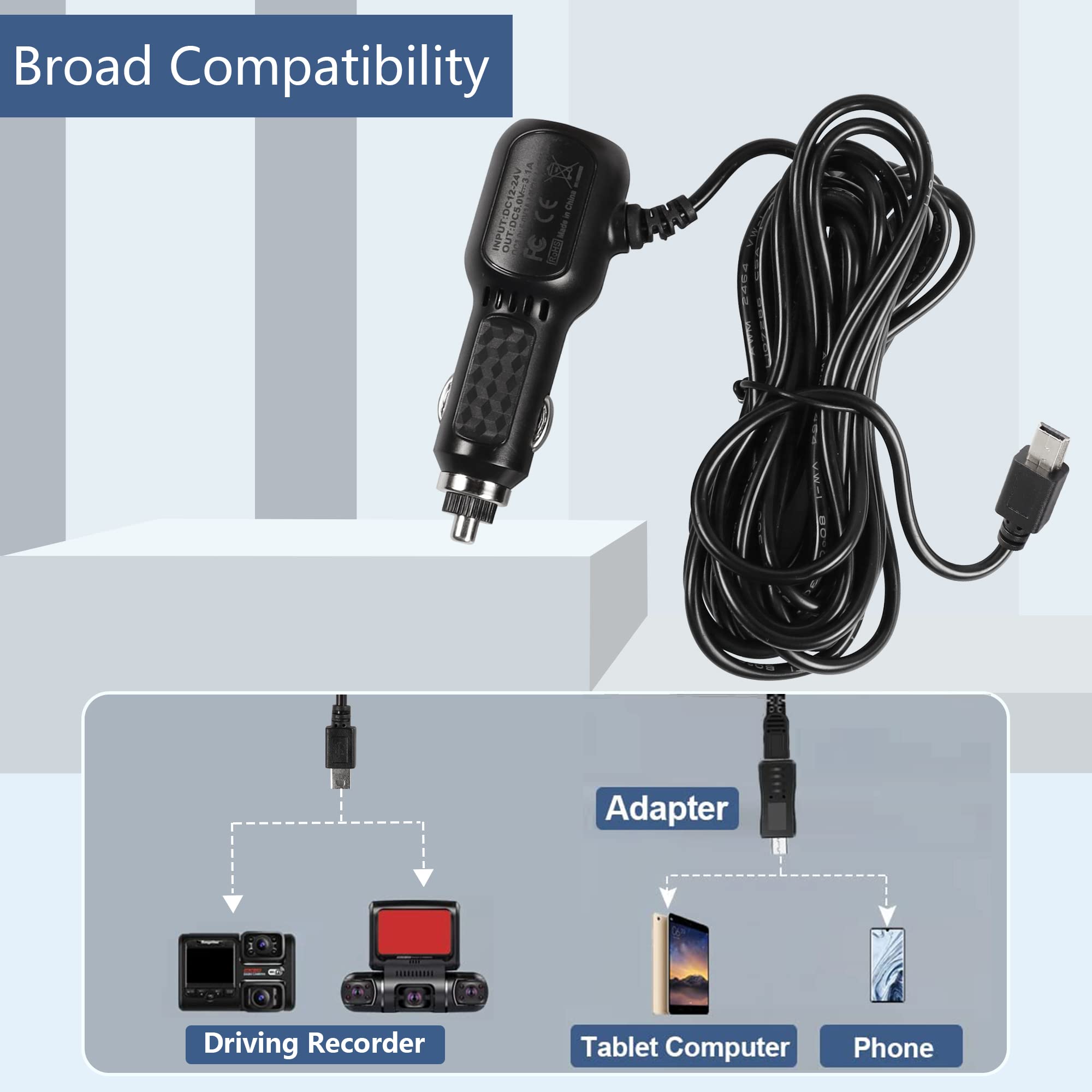 Meiriyfa Dash Cam Power Cable, Dash Cam Charger Mini Usb, Qc3.0 Fast Vehicle Car Charger With Dual Usb Ports For Various Models